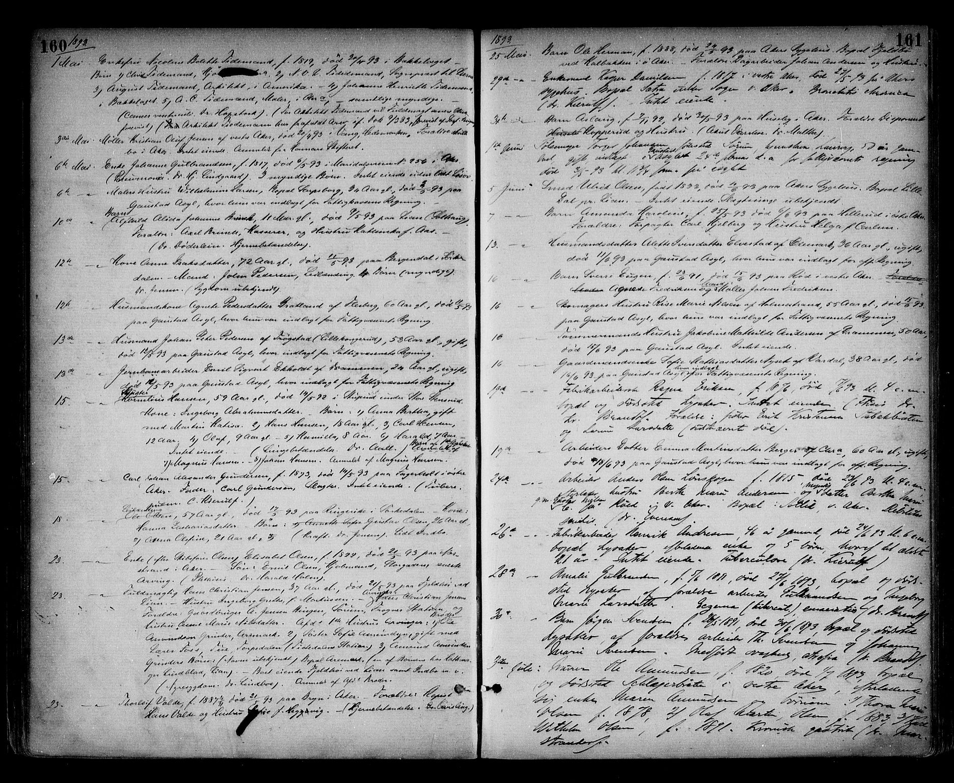 Aker sorenskriveri, SAO/A-10895/H/Ha/Haa/L0007: Dødsanmeldelsesprotokoll, 1886-1901, s. 160-161
