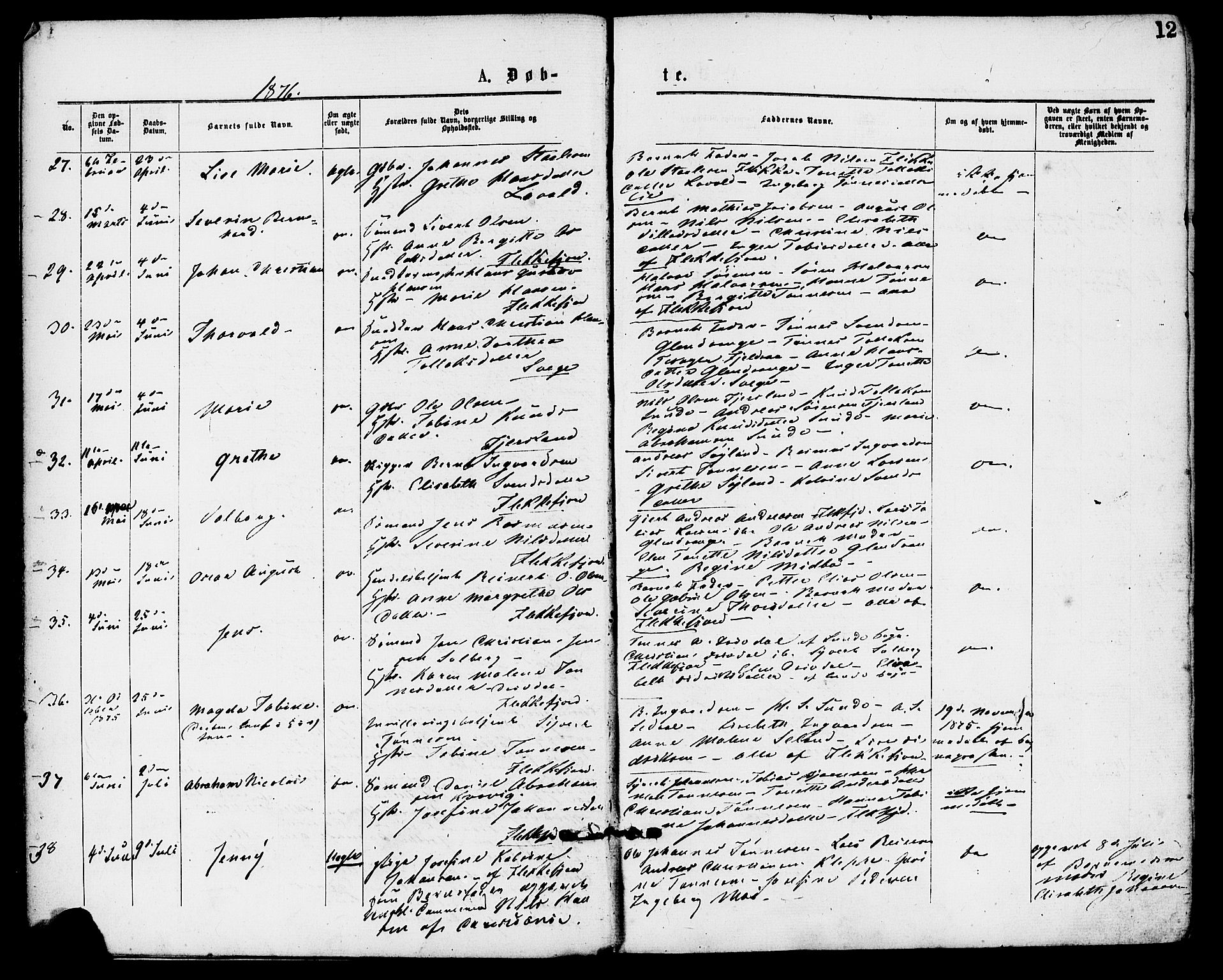Flekkefjord sokneprestkontor, AV/SAK-1111-0012/F/Fa/Fac/L0007: Ministerialbok nr. A 7, 1875-1885, s. 12