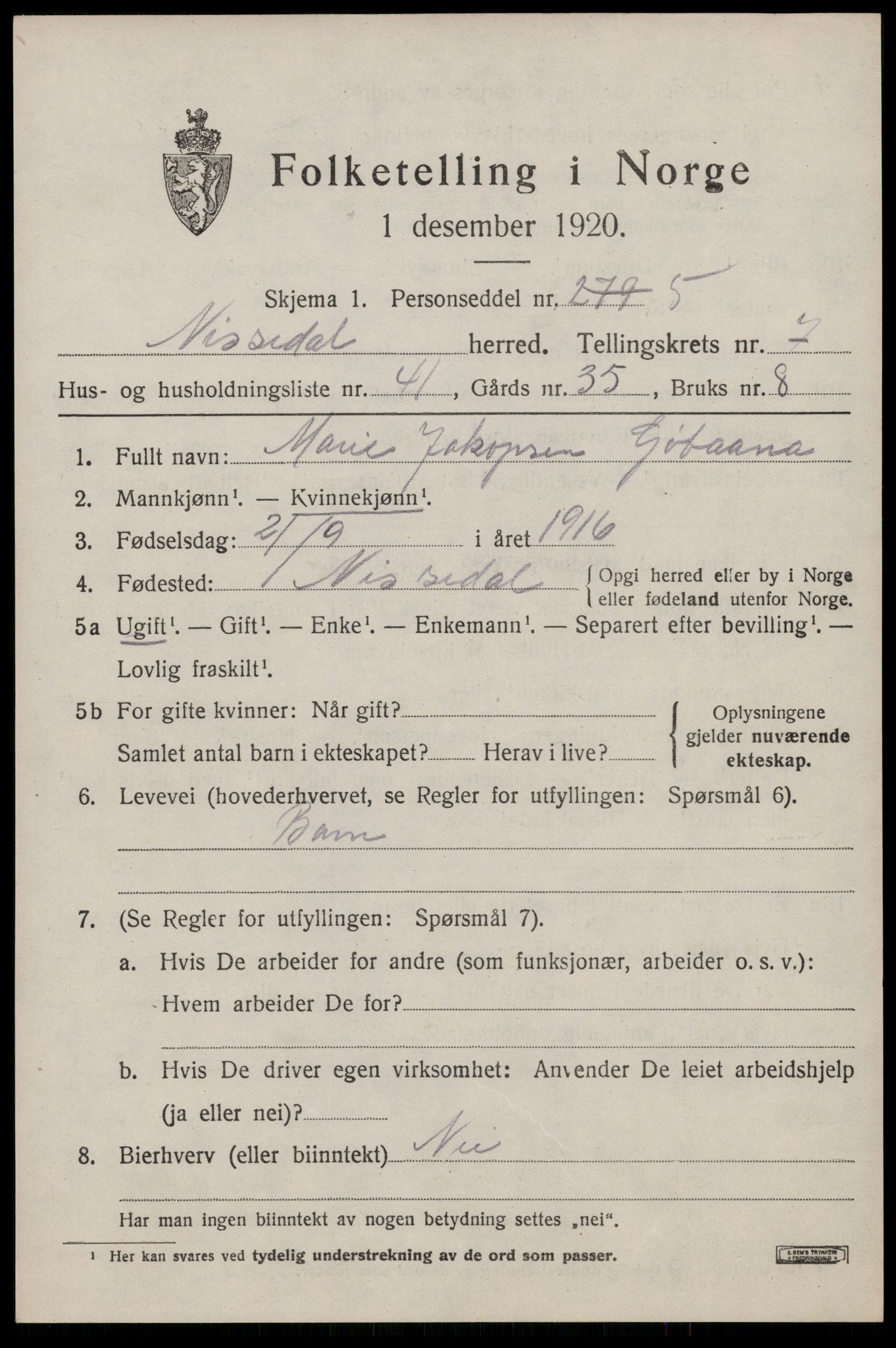 SAKO, Folketelling 1920 for 0830 Nissedal herred, 1920, s. 3029