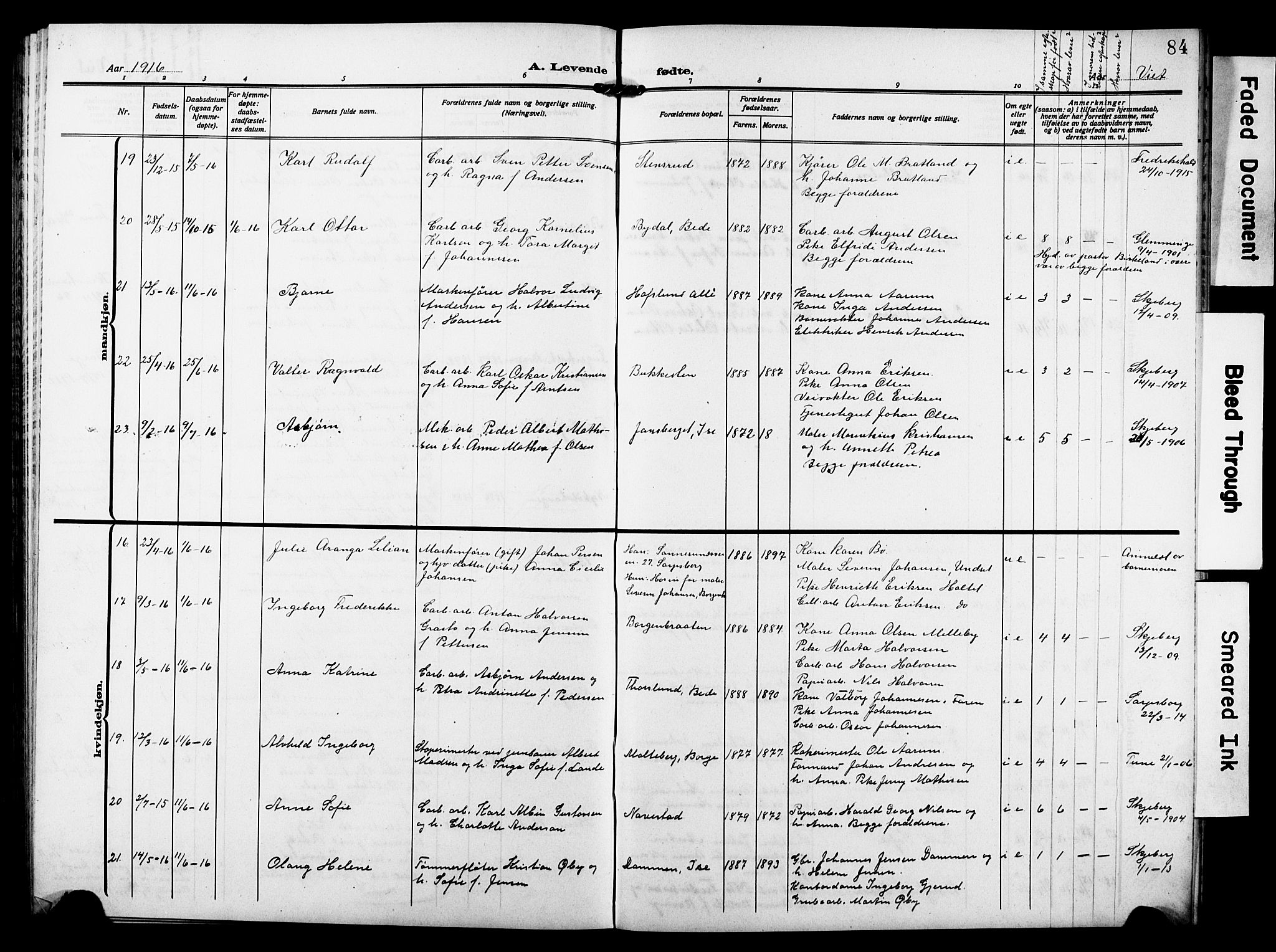 Skjeberg prestekontor Kirkebøker, AV/SAO-A-10923/G/Gd/L0001: Klokkerbok nr. IV 1, 1907-1917, s. 84