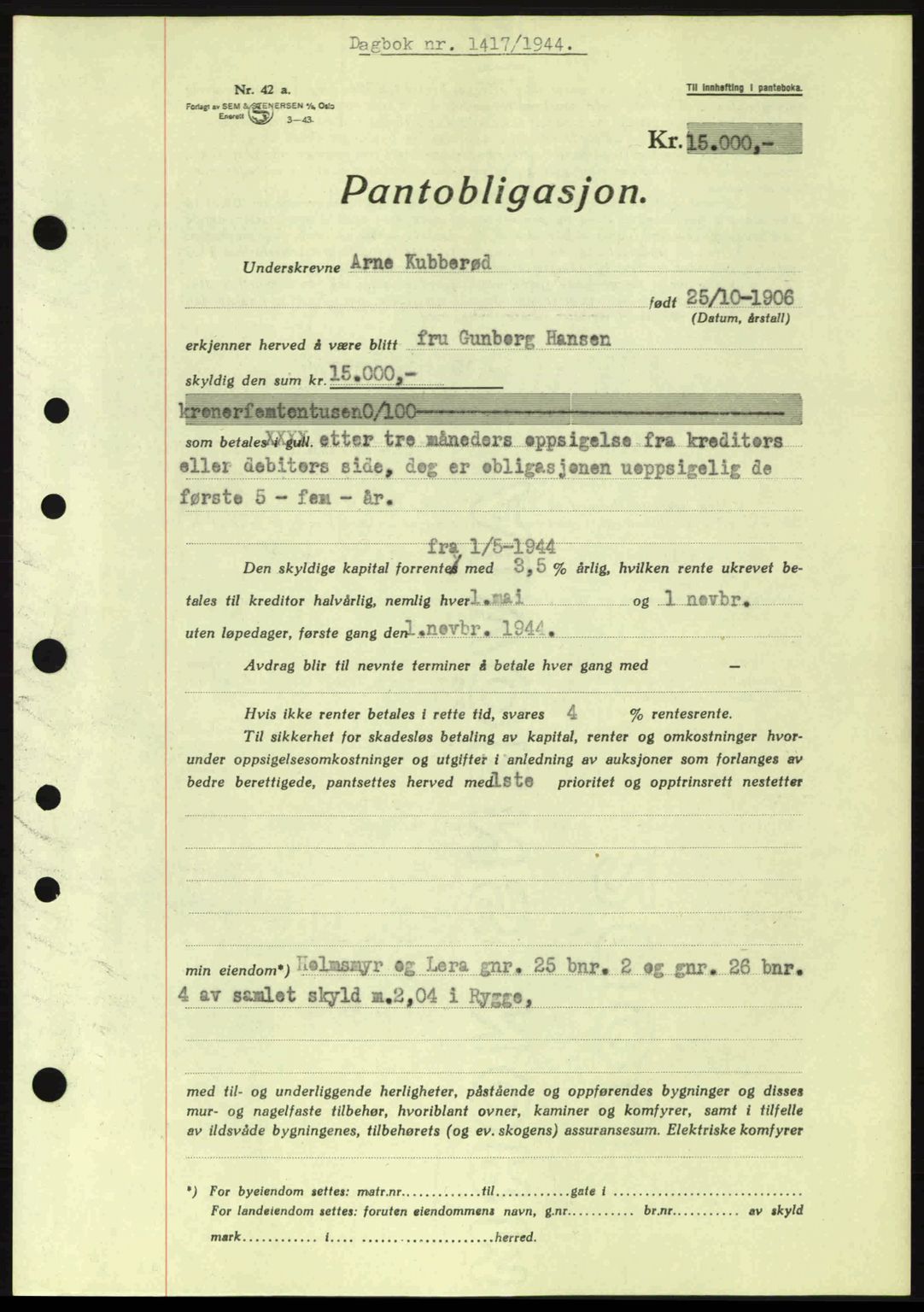 Moss sorenskriveri, SAO/A-10168: Pantebok nr. B13, 1943-1945, Dagboknr: 1417/1944