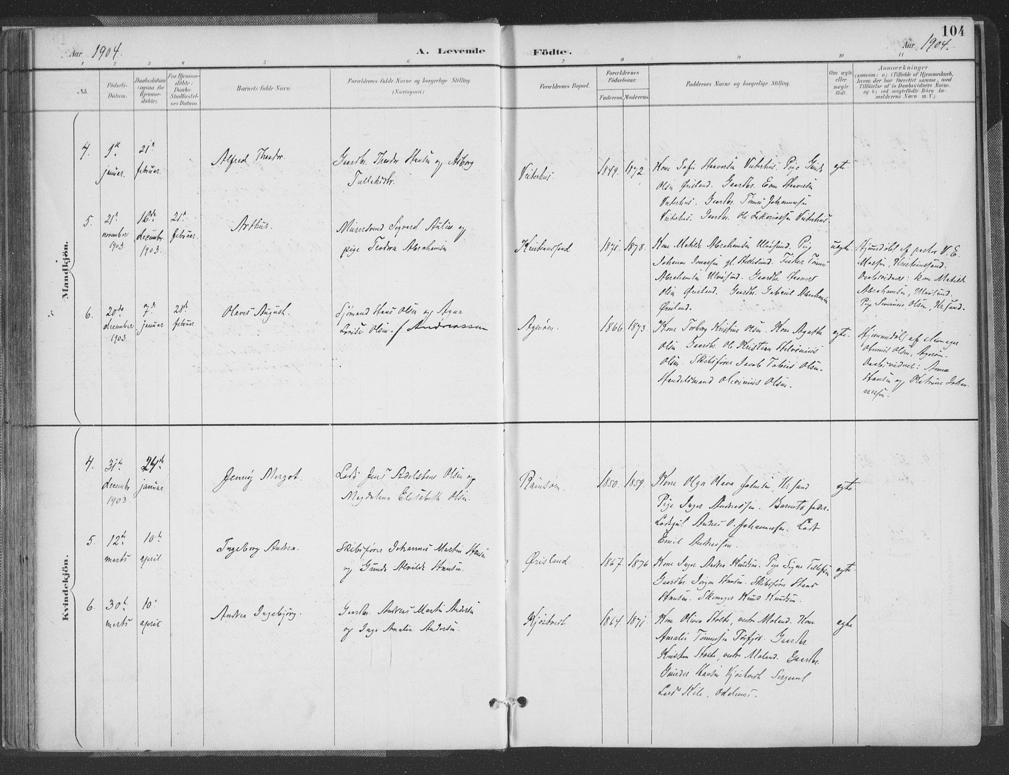 Høvåg sokneprestkontor, AV/SAK-1111-0025/F/Fa/L0006: Ministerialbok nr. A 6, 1894-1923, s. 104