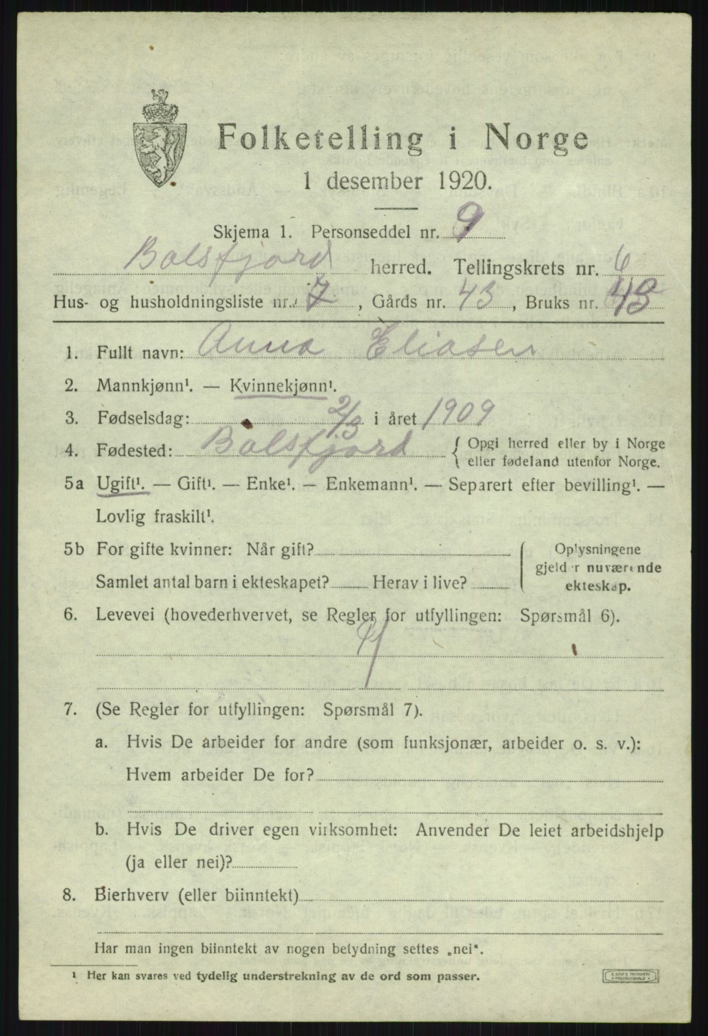 SATØ, Folketelling 1920 for 1933 Balsfjord herred, 1920, s. 3816