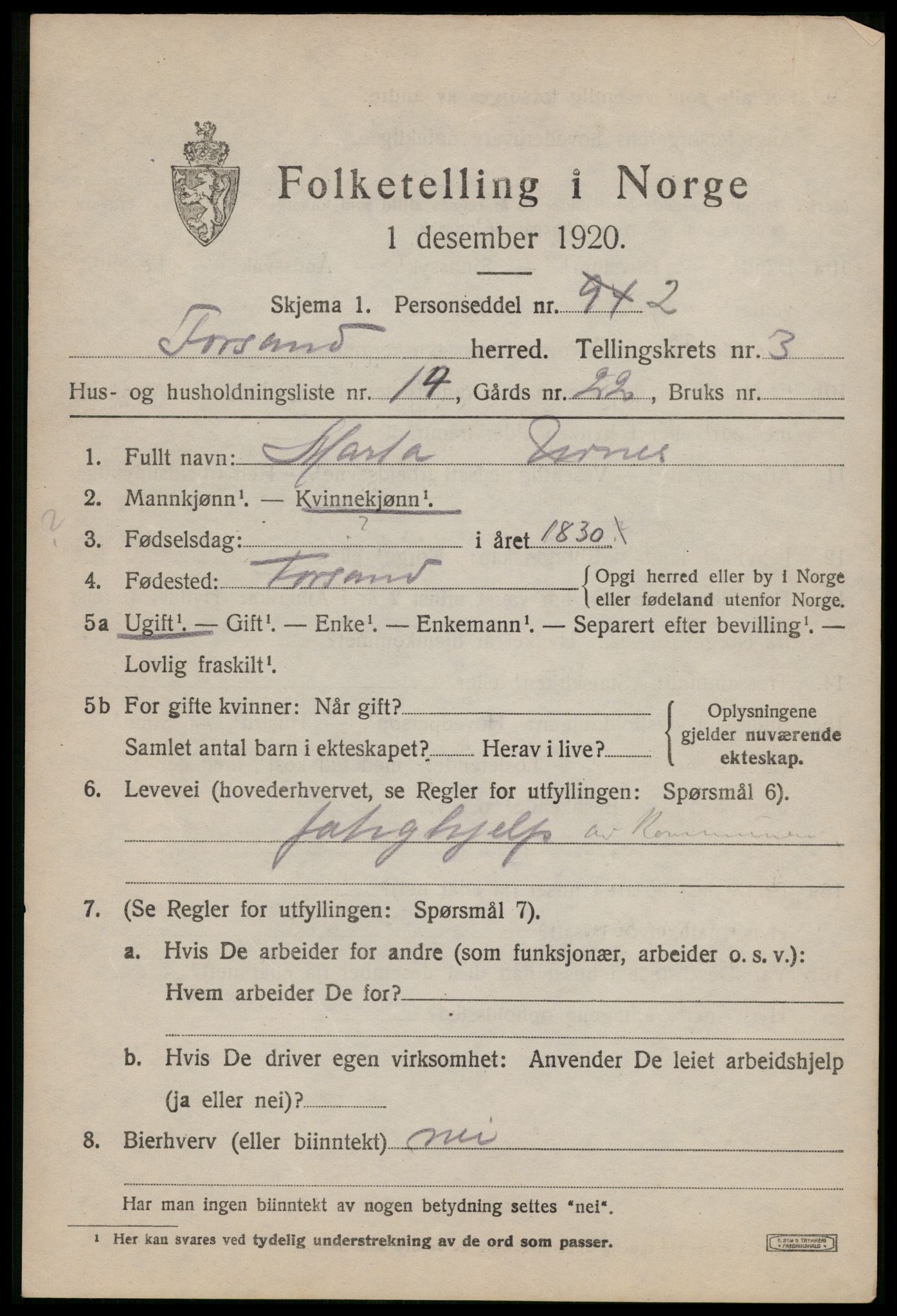 SAST, Folketelling 1920 for 1129 Forsand herred, 1920, s. 1609