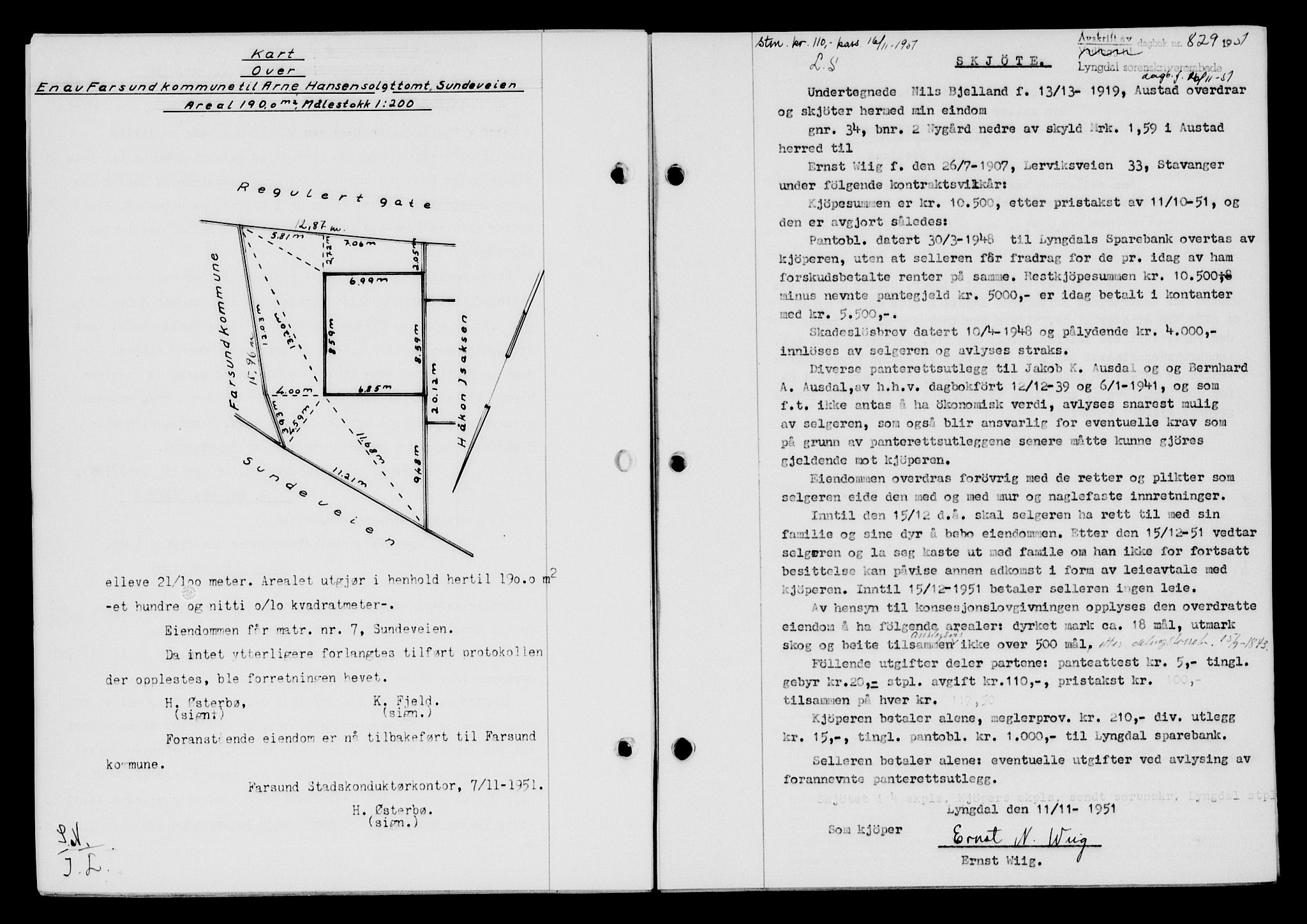 Lyngdal sorenskriveri, AV/SAK-1221-0004/G/Gb/L0667: Pantebok nr. A XIII, 1951-1952, Dagboknr: 829/1951