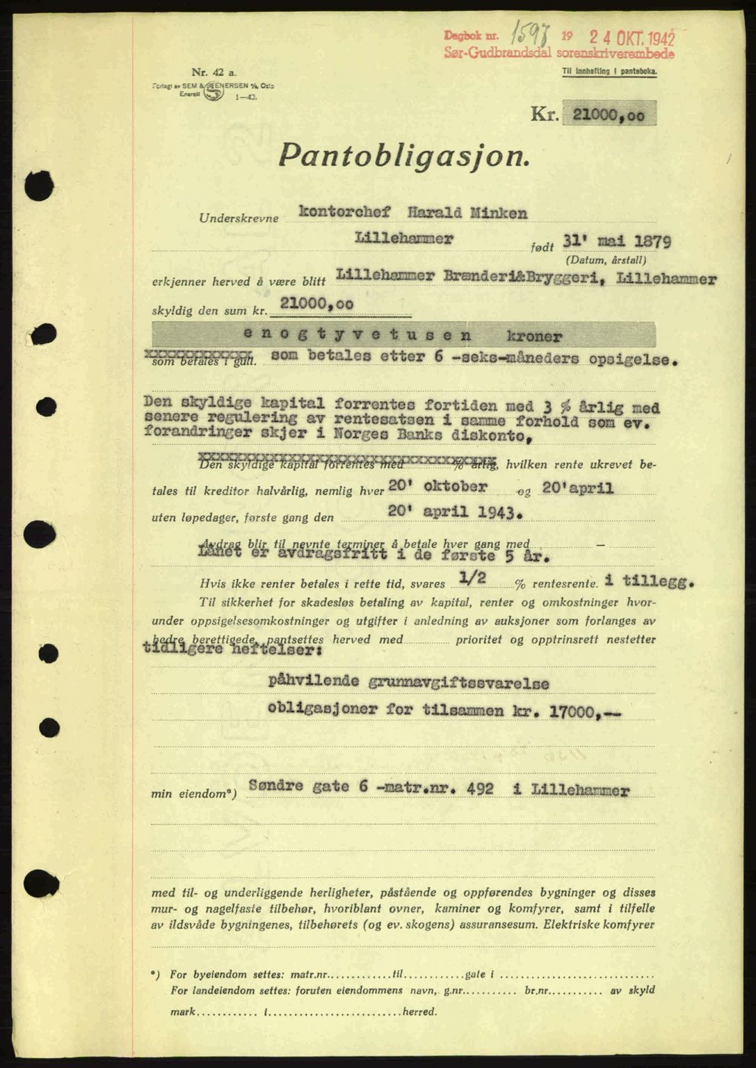 Sør-Gudbrandsdal tingrett, SAH/TING-004/H/Hb/Hbe/L0002: Pantebok nr. B2, 1939-1943, Dagboknr: 1597/1942