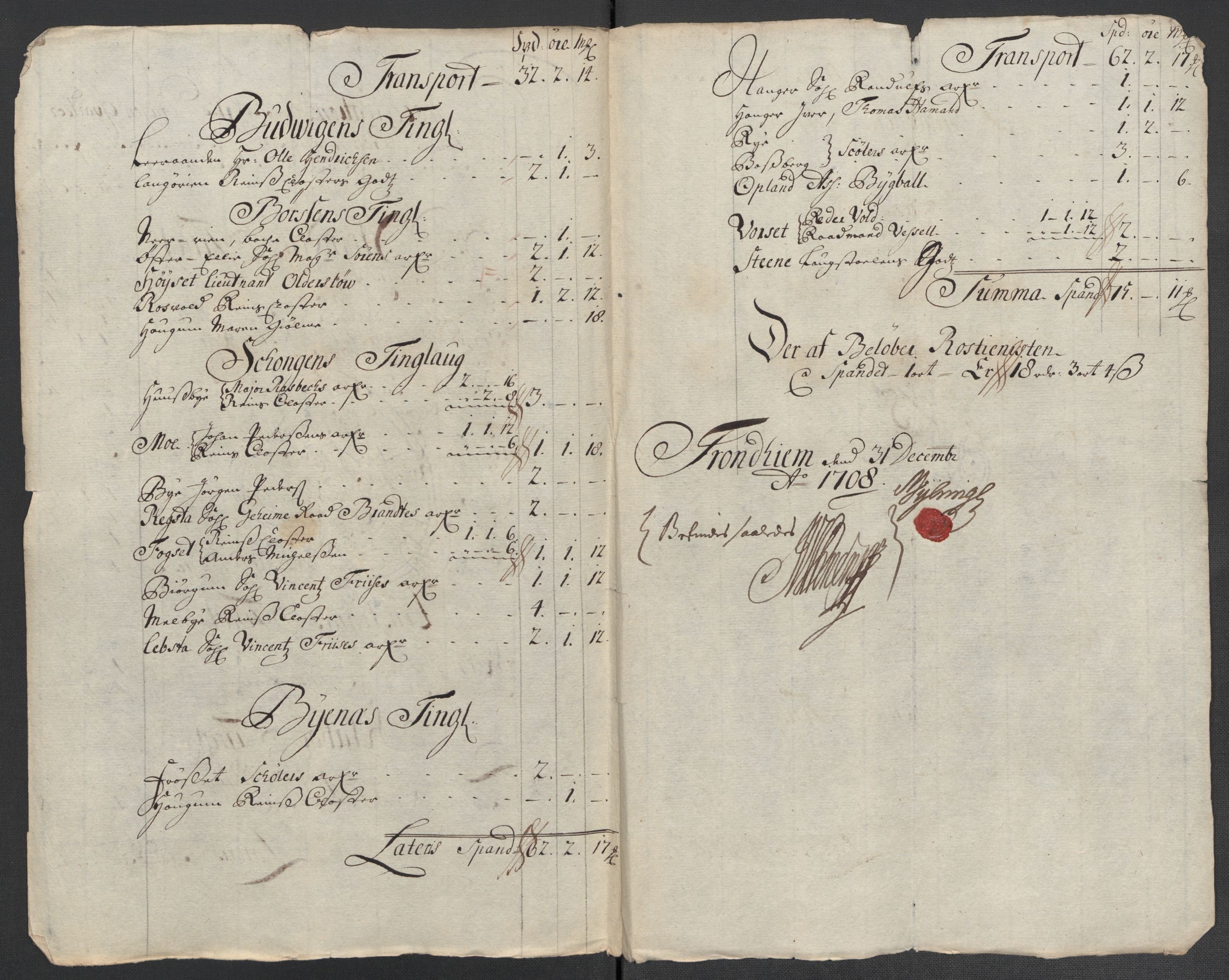 Rentekammeret inntil 1814, Reviderte regnskaper, Fogderegnskap, AV/RA-EA-4092/R61/L4110: Fogderegnskap Strinda og Selbu, 1707-1708, s. 463