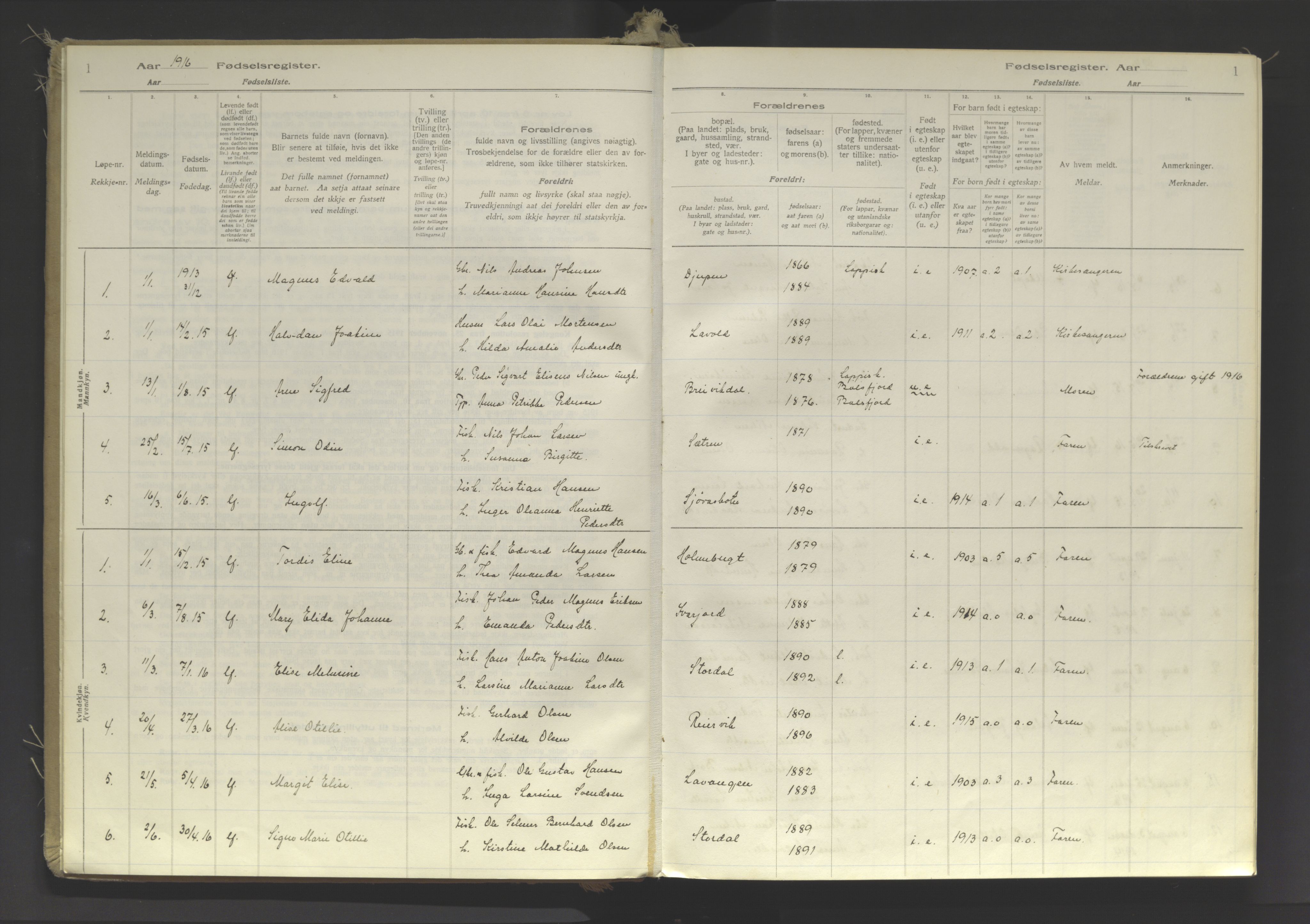 Lyngen sokneprestembete, AV/SATØ-S-1289/I/Ia/L0078: Fødselsregister nr. 78, 1916-1950, s. 1