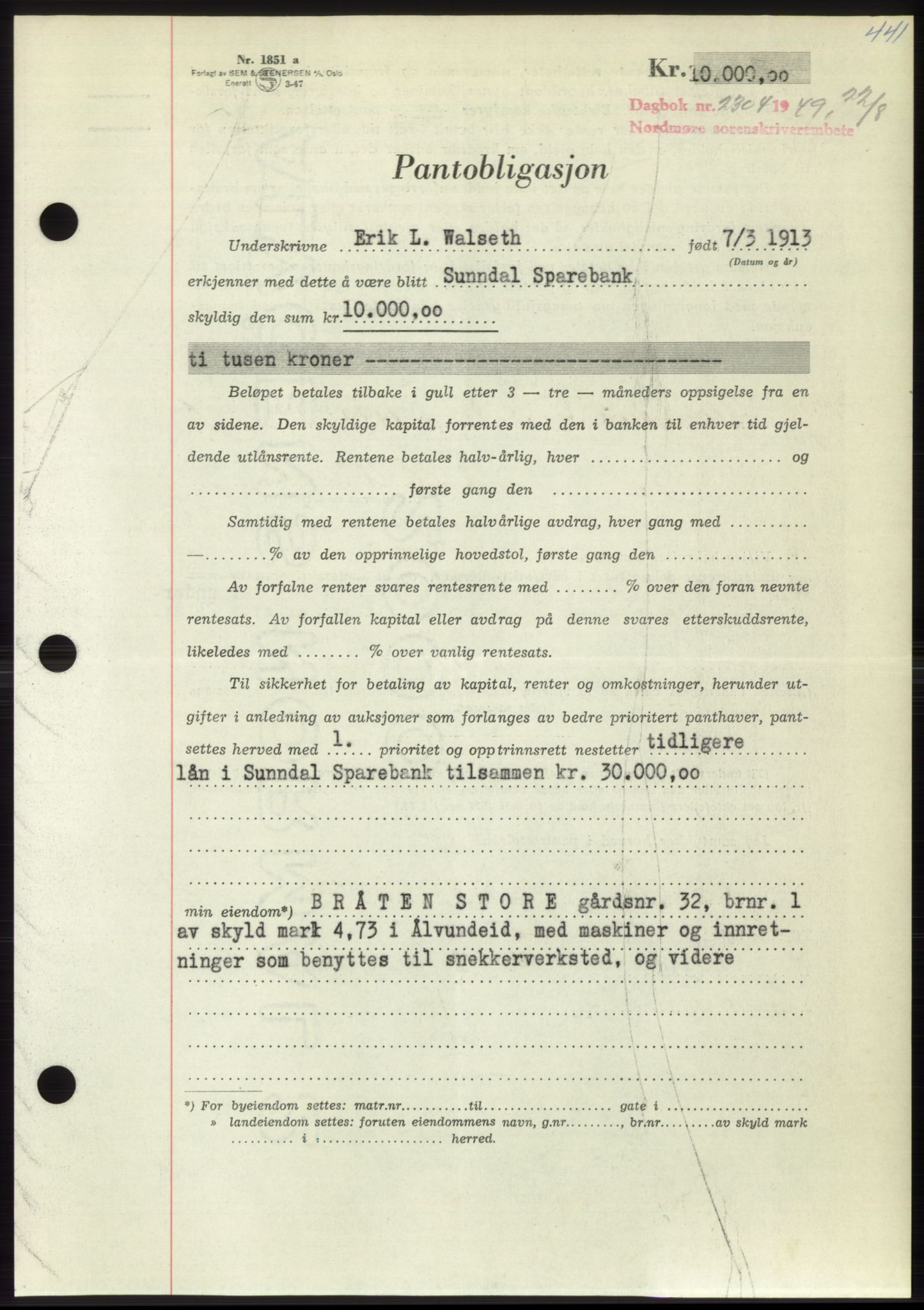 Nordmøre sorenskriveri, AV/SAT-A-4132/1/2/2Ca: Pantebok nr. B102, 1949-1949, Dagboknr: 2304/1949