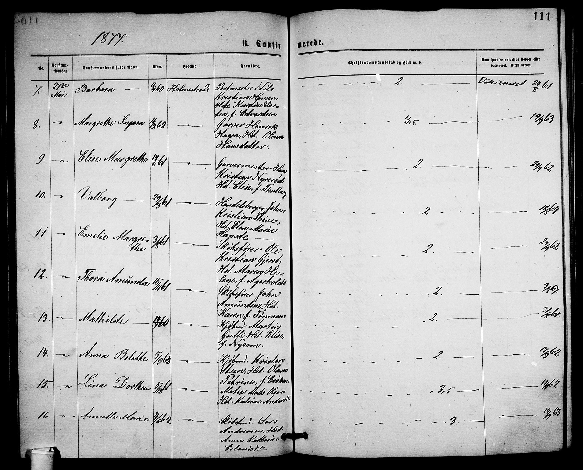 Holmestrand kirkebøker, AV/SAKO-A-346/G/Ga/L0004: Klokkerbok nr. 4, 1874-1888, s. 111