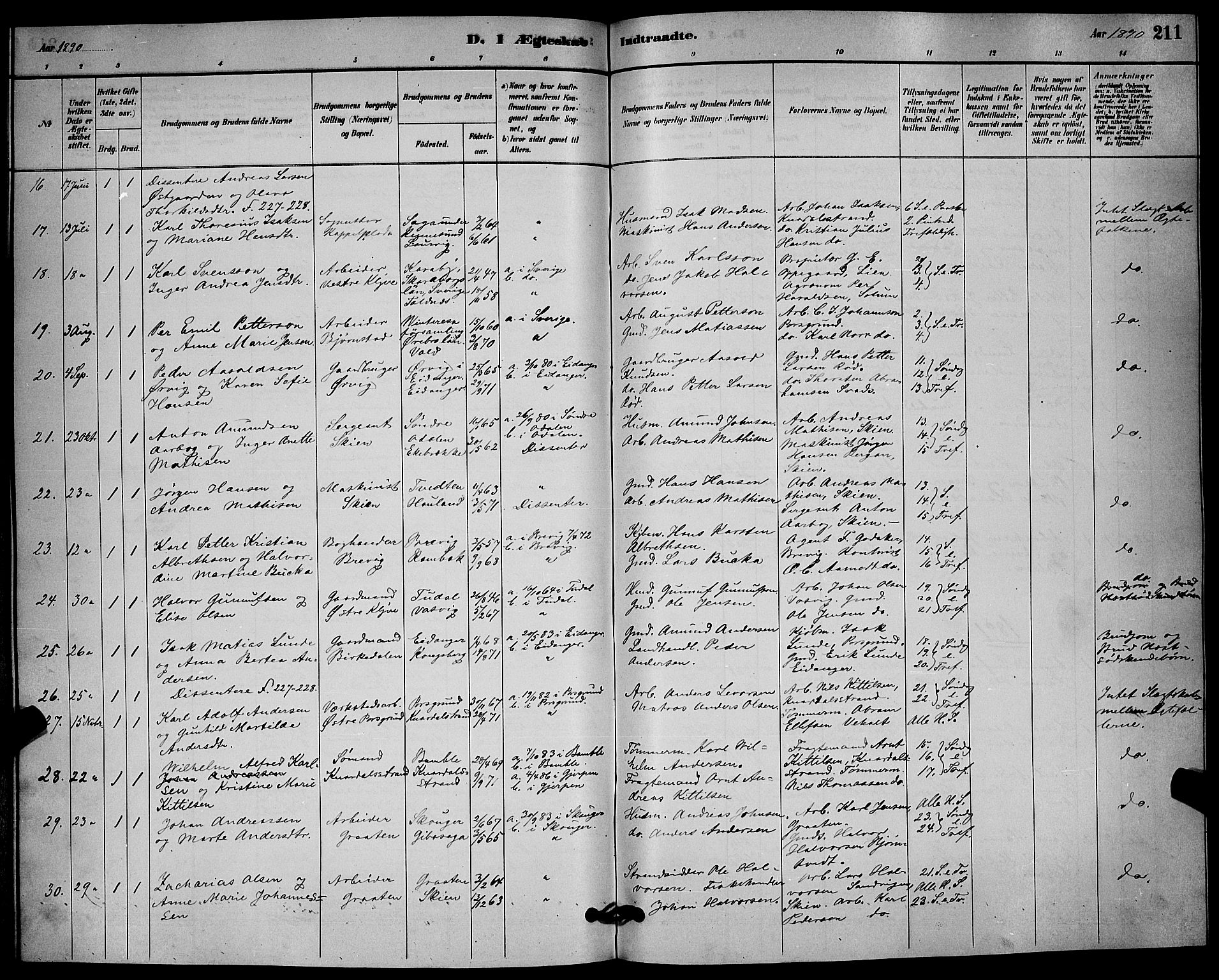 Solum kirkebøker, AV/SAKO-A-306/G/Ga/L0007: Klokkerbok nr. I 7, 1884-1898, s. 211