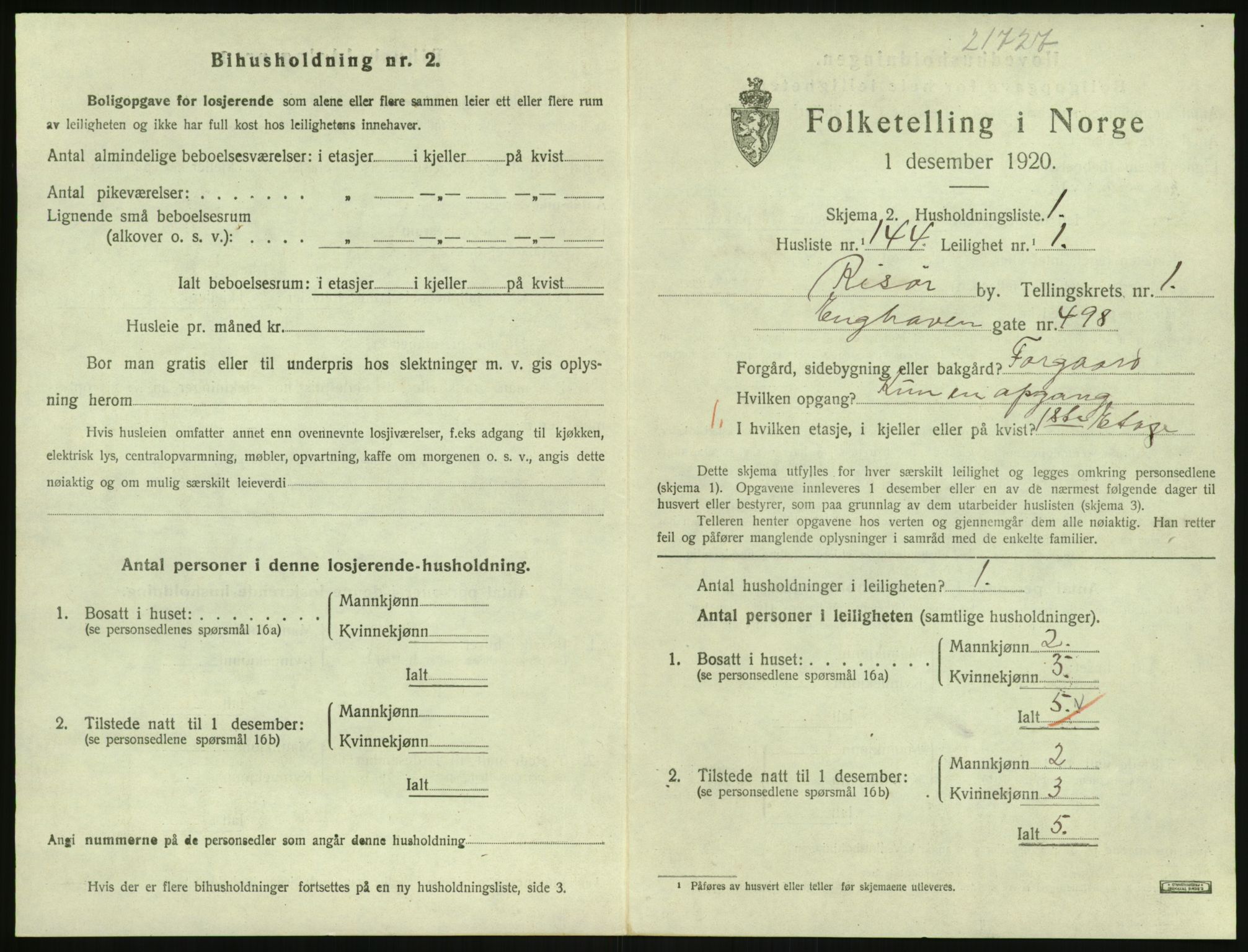 SAK, Folketelling 1920 for 0901 Risør kjøpstad, 1920, s. 1697