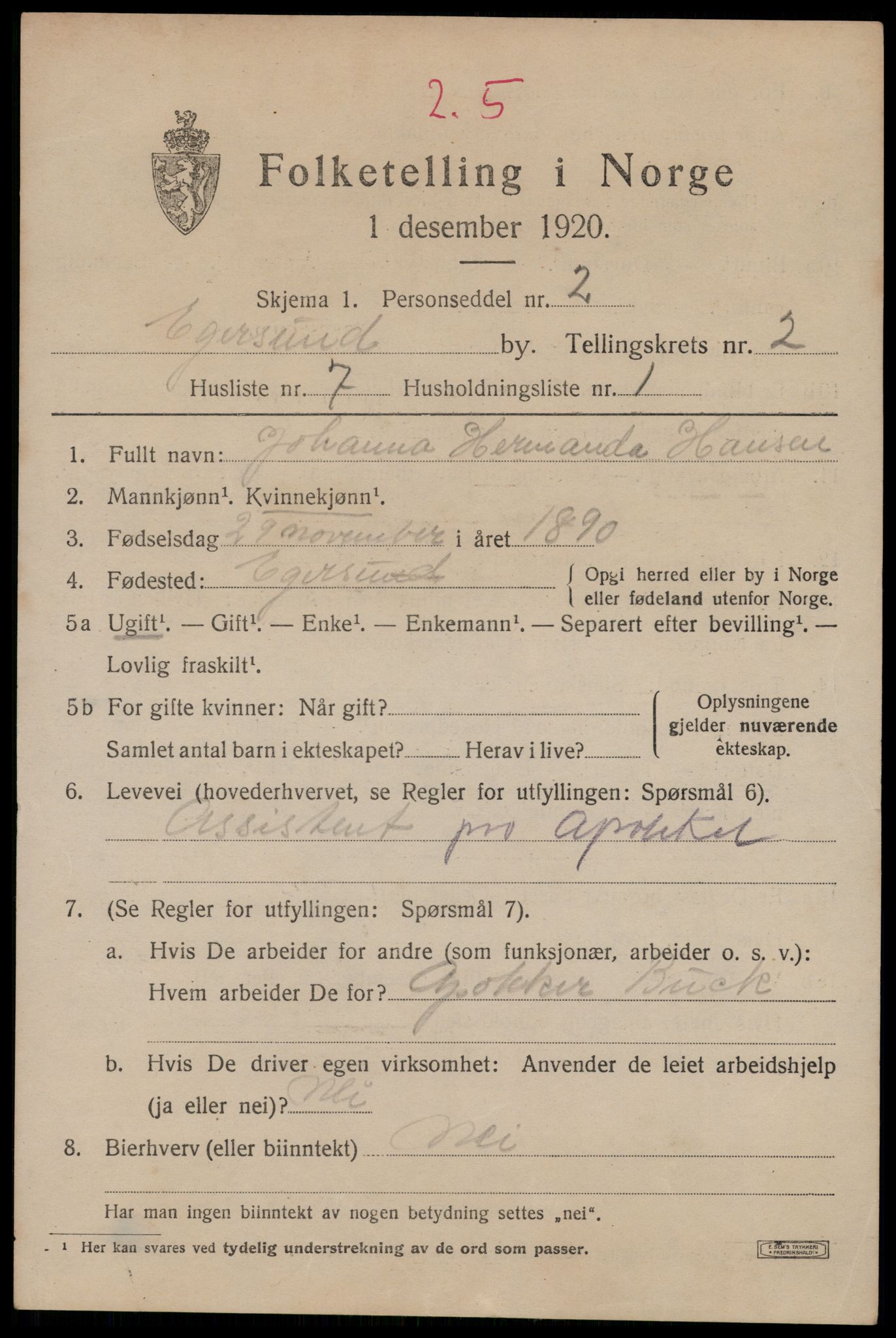 SAST, Folketelling 1920 for 1101 Egersund ladested, 1920, s. 3794