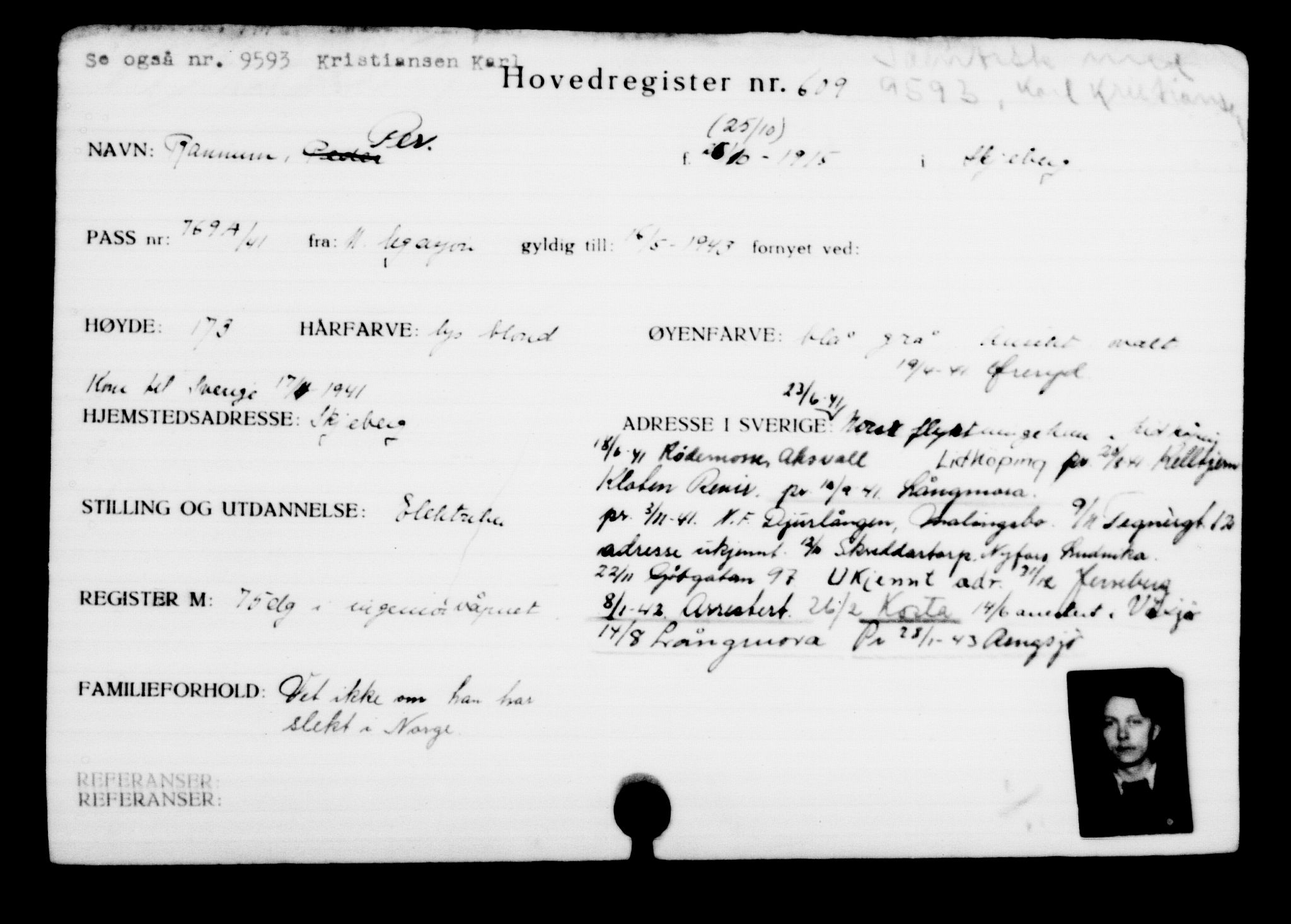 Utenriksstasjonene, Legasjonen i Stockholm, Flyktningkontoret, AV/RA-S-6753/V/Va/L0001: Kjesäterkartoteket, flyktninger med registreringsnr. 1-1000, 1940-1945, s. 953