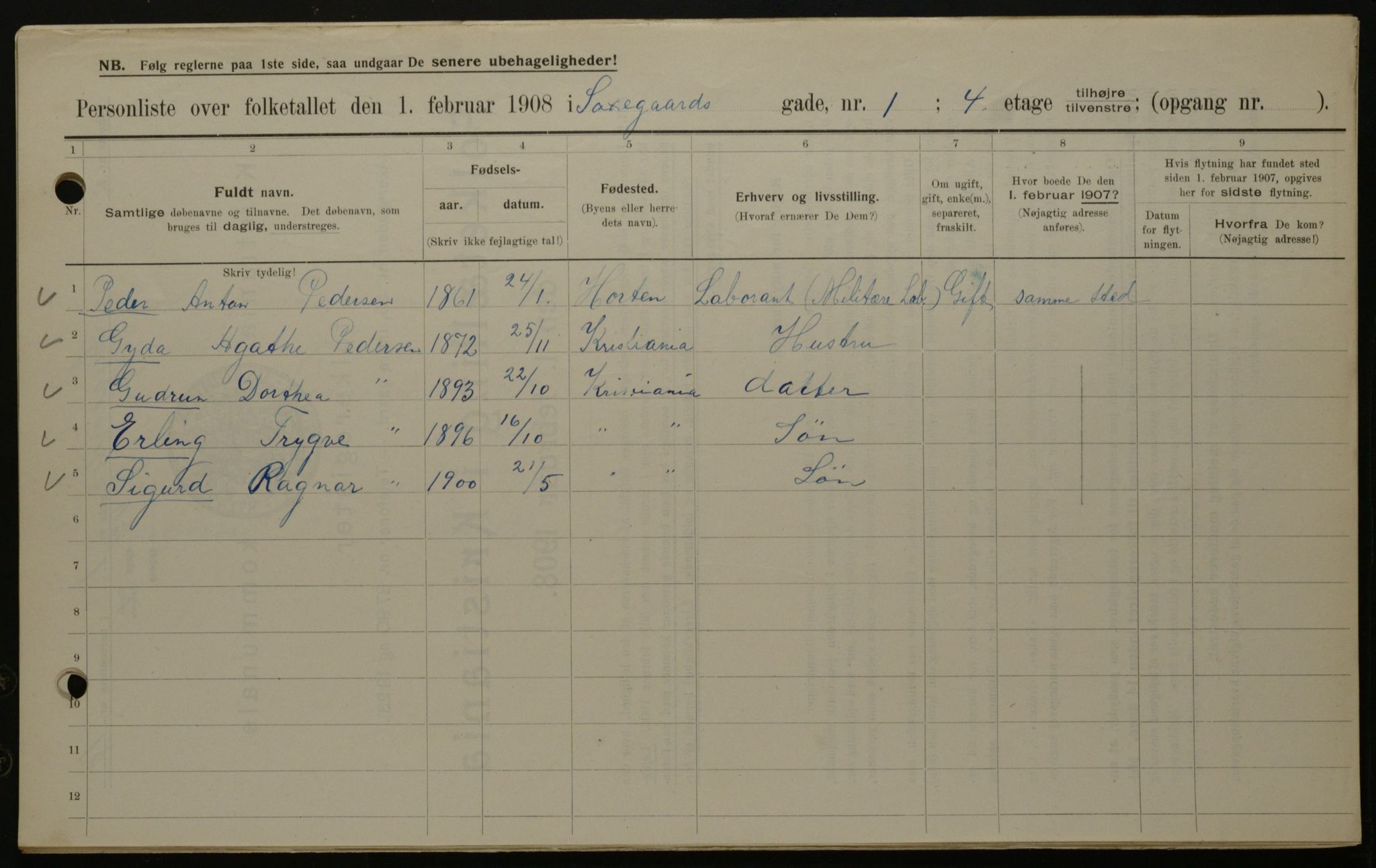 OBA, Kommunal folketelling 1.2.1908 for Kristiania kjøpstad, 1908, s. 80463