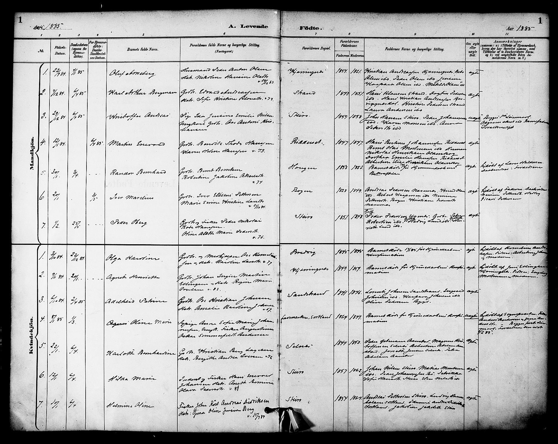 Ministerialprotokoller, klokkerbøker og fødselsregistre - Nordland, SAT/A-1459/895/L1371: Ministerialbok nr. 895A06, 1885-1894, s. 1