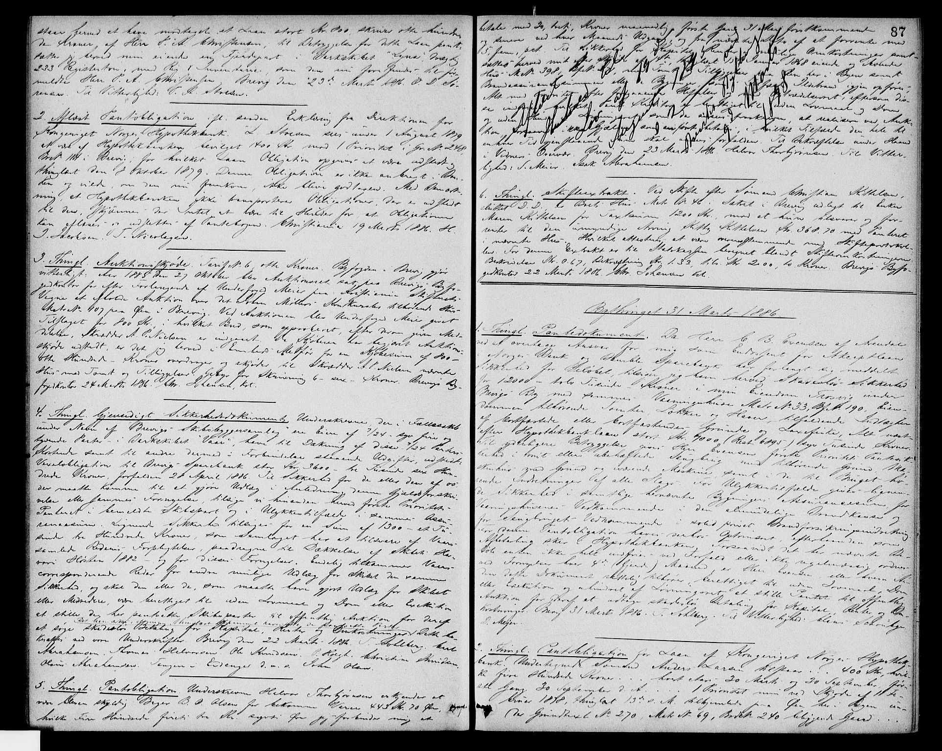 Bamble sorenskriveri, SAKO/A-214/G/Ga/Gaf/L0006: Pantebok nr. VI 6, 1882-1893, s. 87