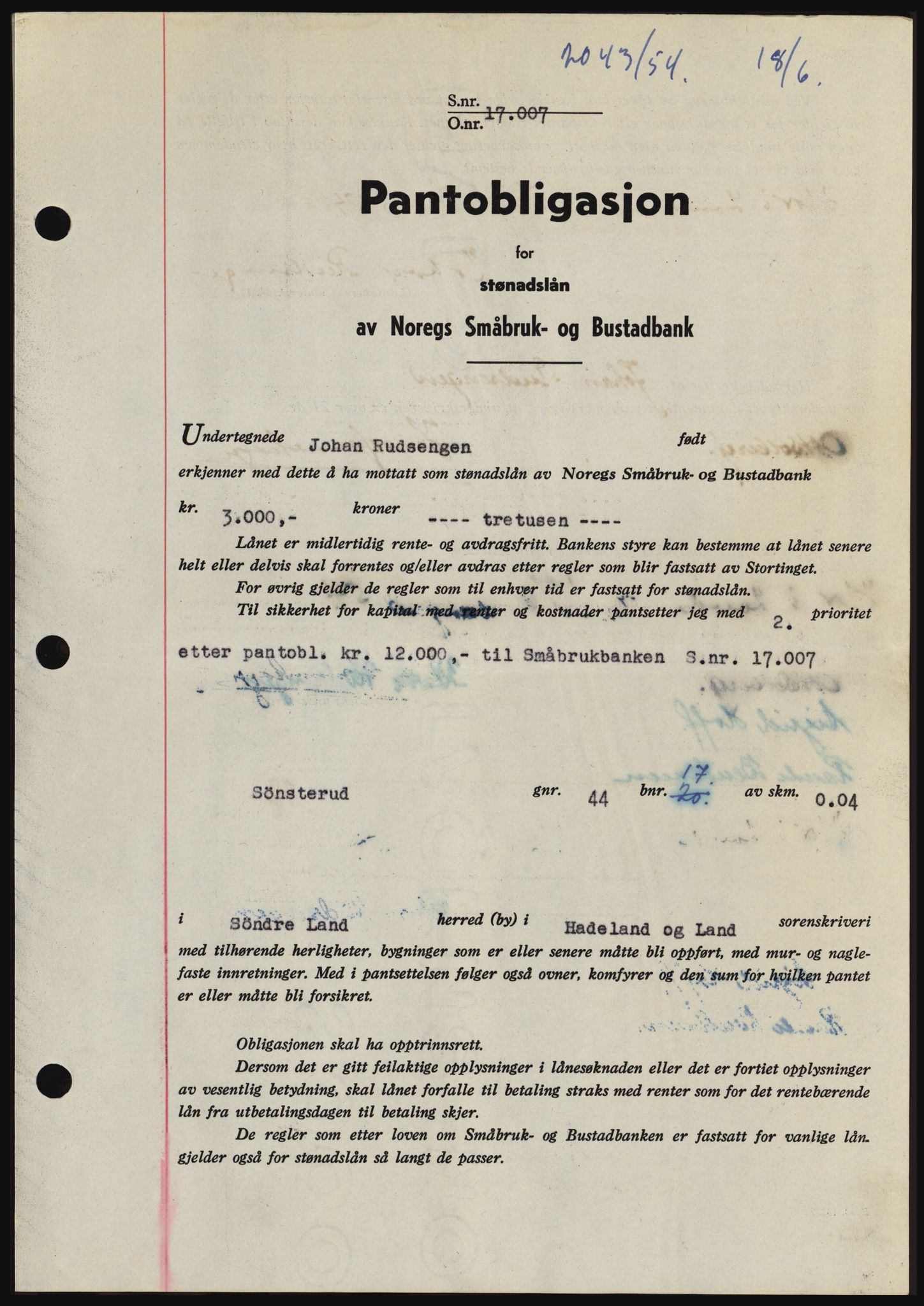 Hadeland og Land tingrett, SAH/TING-010/H/Hb/Hbc/L0030: Pantebok nr. B30, 1954-1954, Dagboknr: 2043/1954