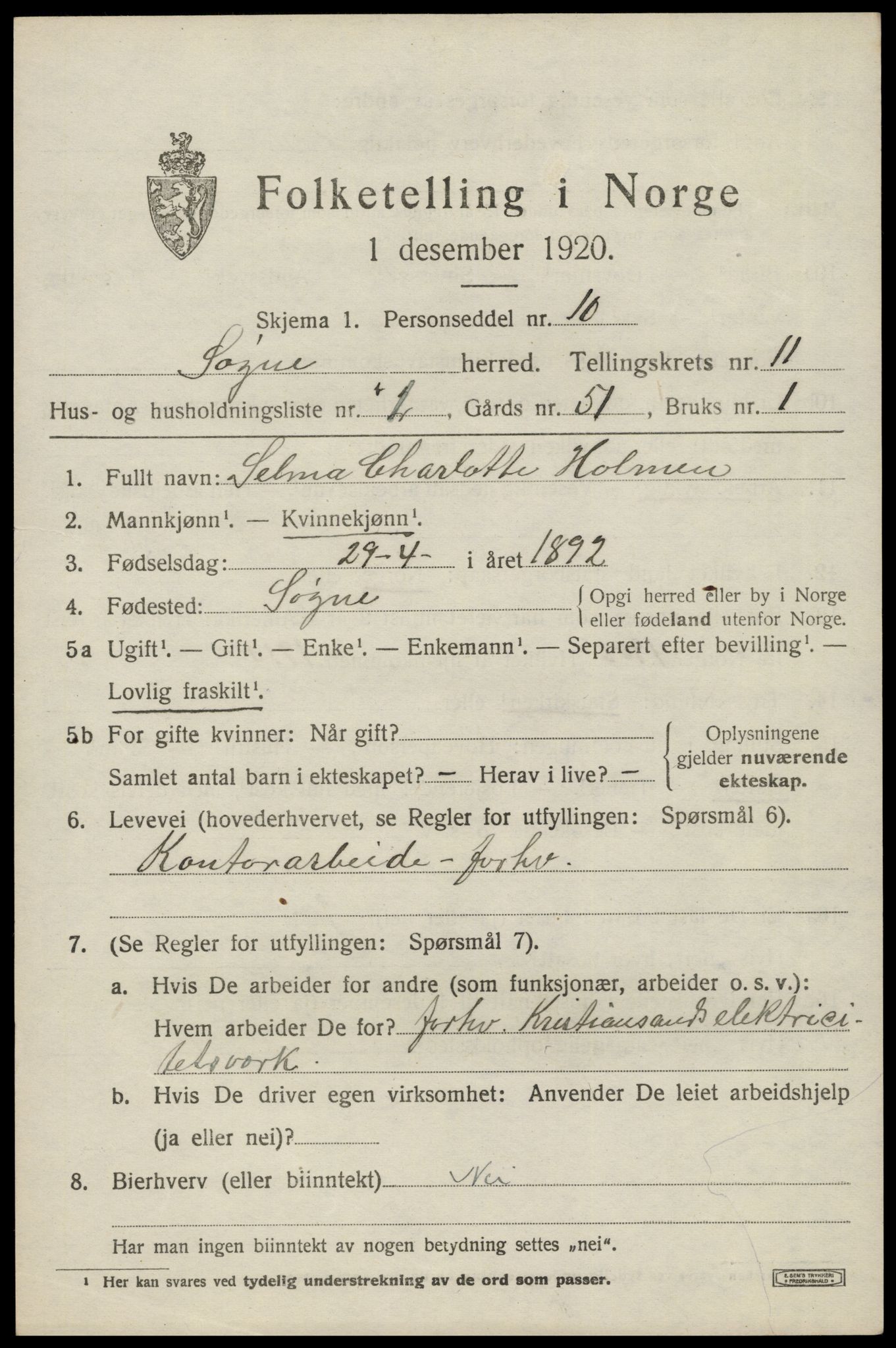 SAK, Folketelling 1920 for 1018 Søgne herred, 1920, s. 5617