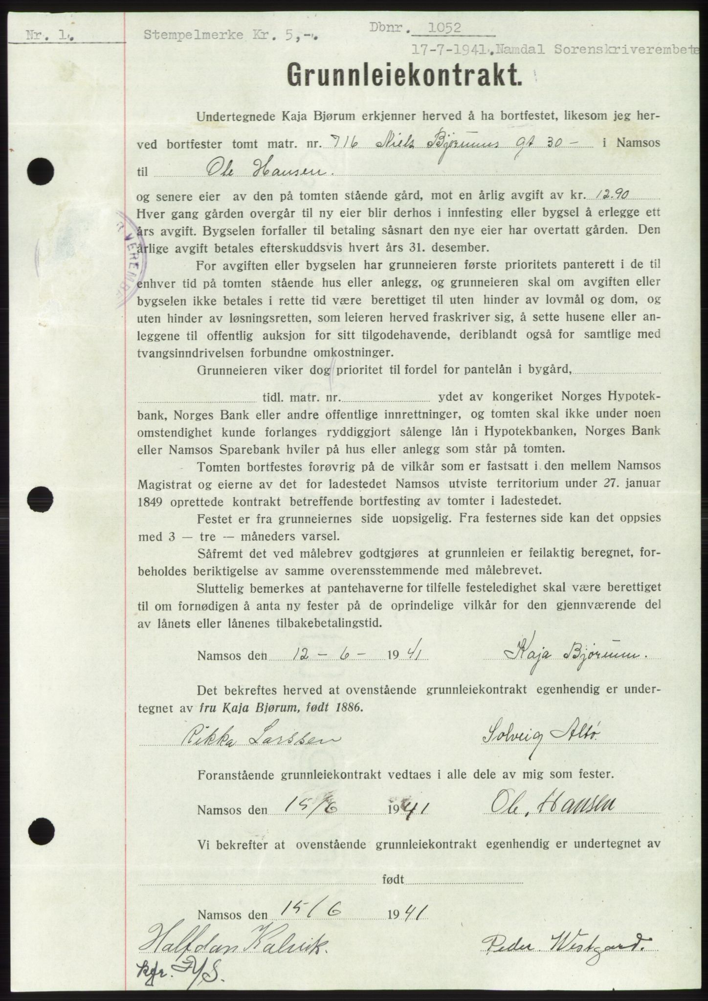 Namdal sorenskriveri, SAT/A-4133/1/2/2C: Pantebok nr. -, 1940-1941, Tingl.dato: 17.07.1941