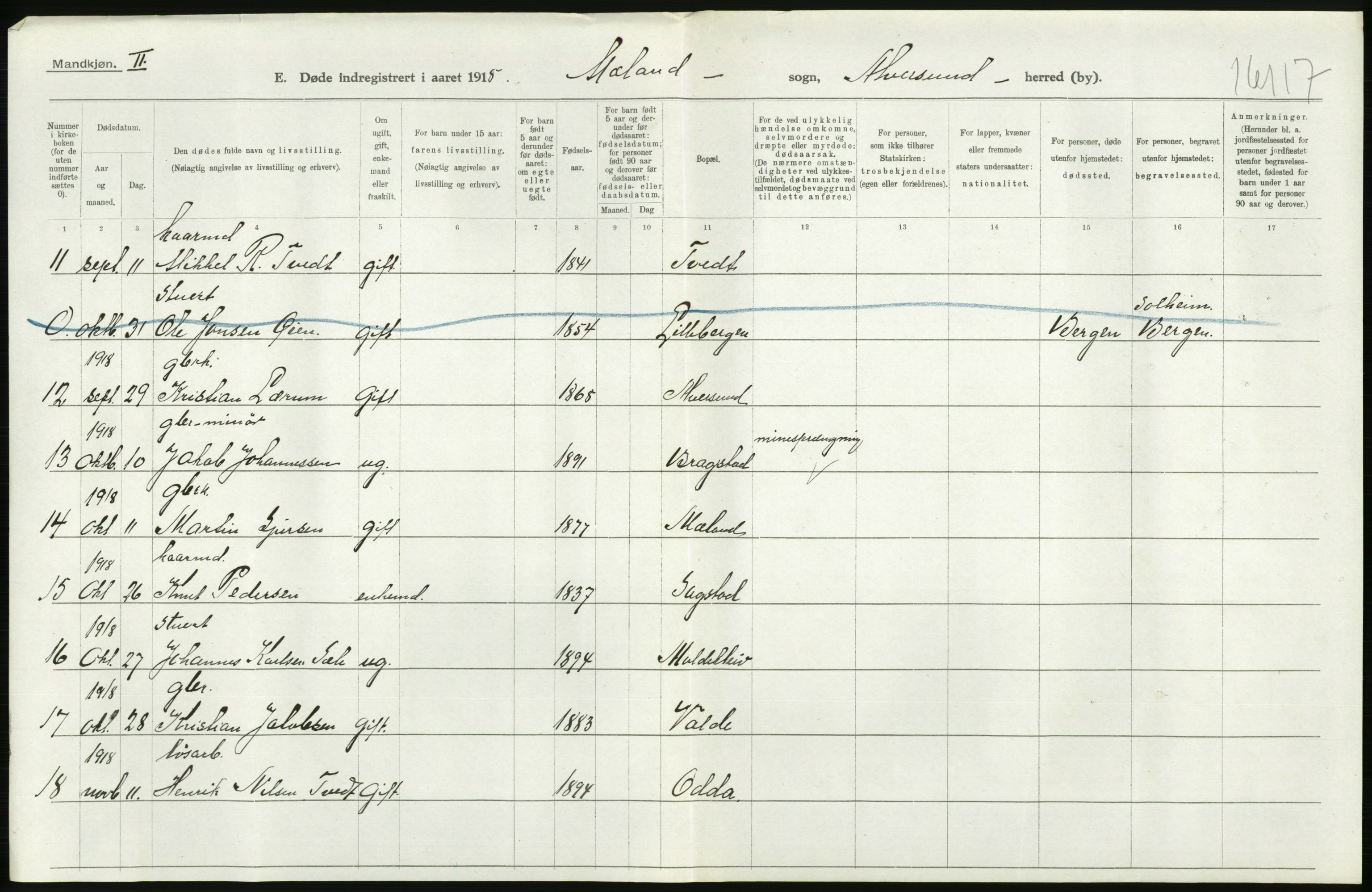 Statistisk sentralbyrå, Sosiodemografiske emner, Befolkning, RA/S-2228/D/Df/Dfb/Dfbh/L0036: Hordaland fylke: Døde., 1918, s. 244