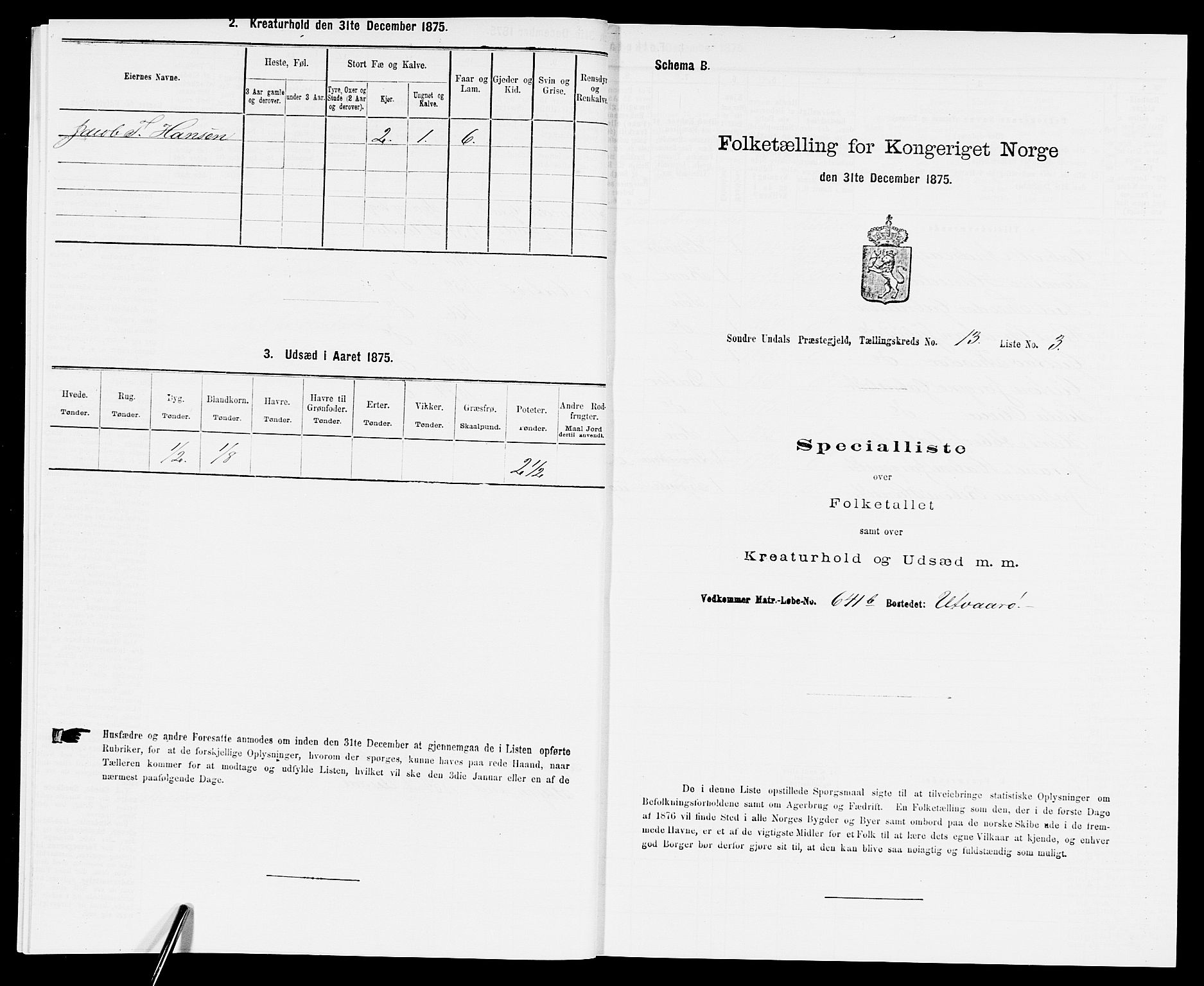 SAK, Folketelling 1875 for 1029P Sør-Audnedal prestegjeld, 1875, s. 1893