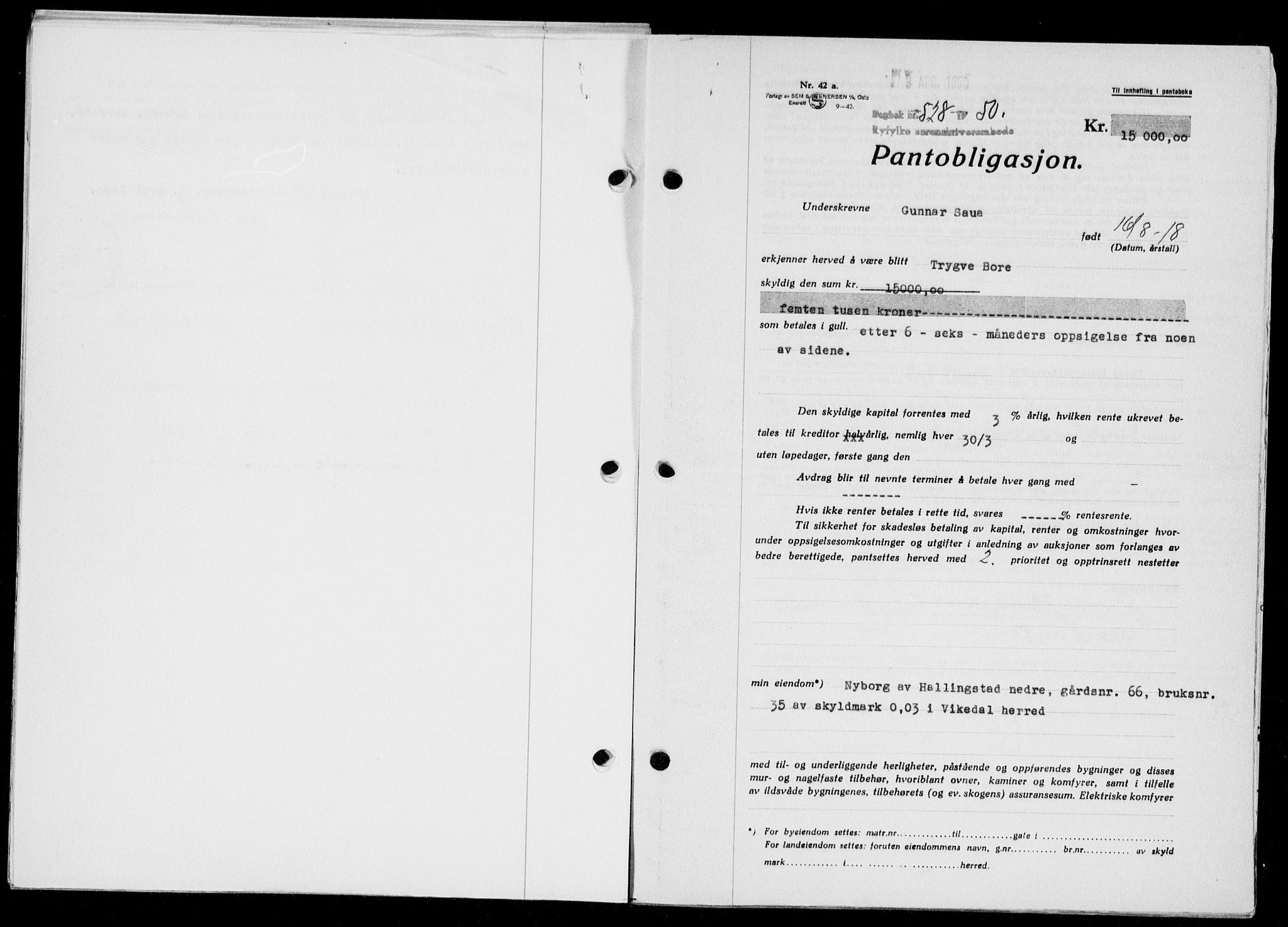 Ryfylke tingrett, SAST/A-100055/001/II/IIB/L0107: Pantebok nr. 86, 1949-1960, Dagboknr: 528/1950