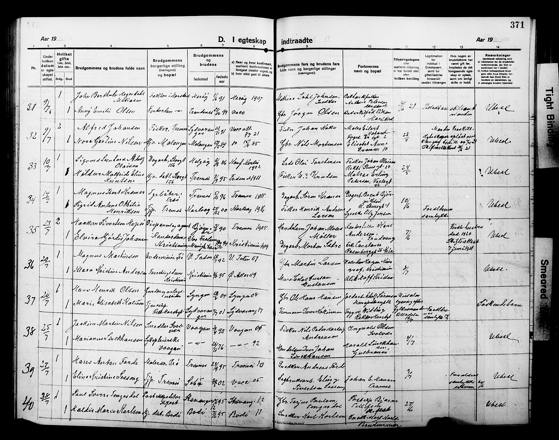 Tromsø sokneprestkontor/stiftsprosti/domprosti, AV/SATØ-S-1343/G/Gb/L0009klokker: Klokkerbok nr. 9, 1915-1925, s. 371
