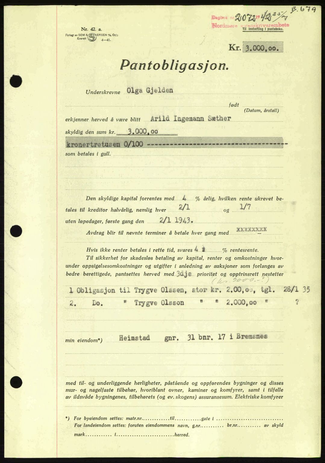 Nordmøre sorenskriveri, AV/SAT-A-4132/1/2/2Ca: Pantebok nr. B89, 1942-1942, Dagboknr: 2072/1942