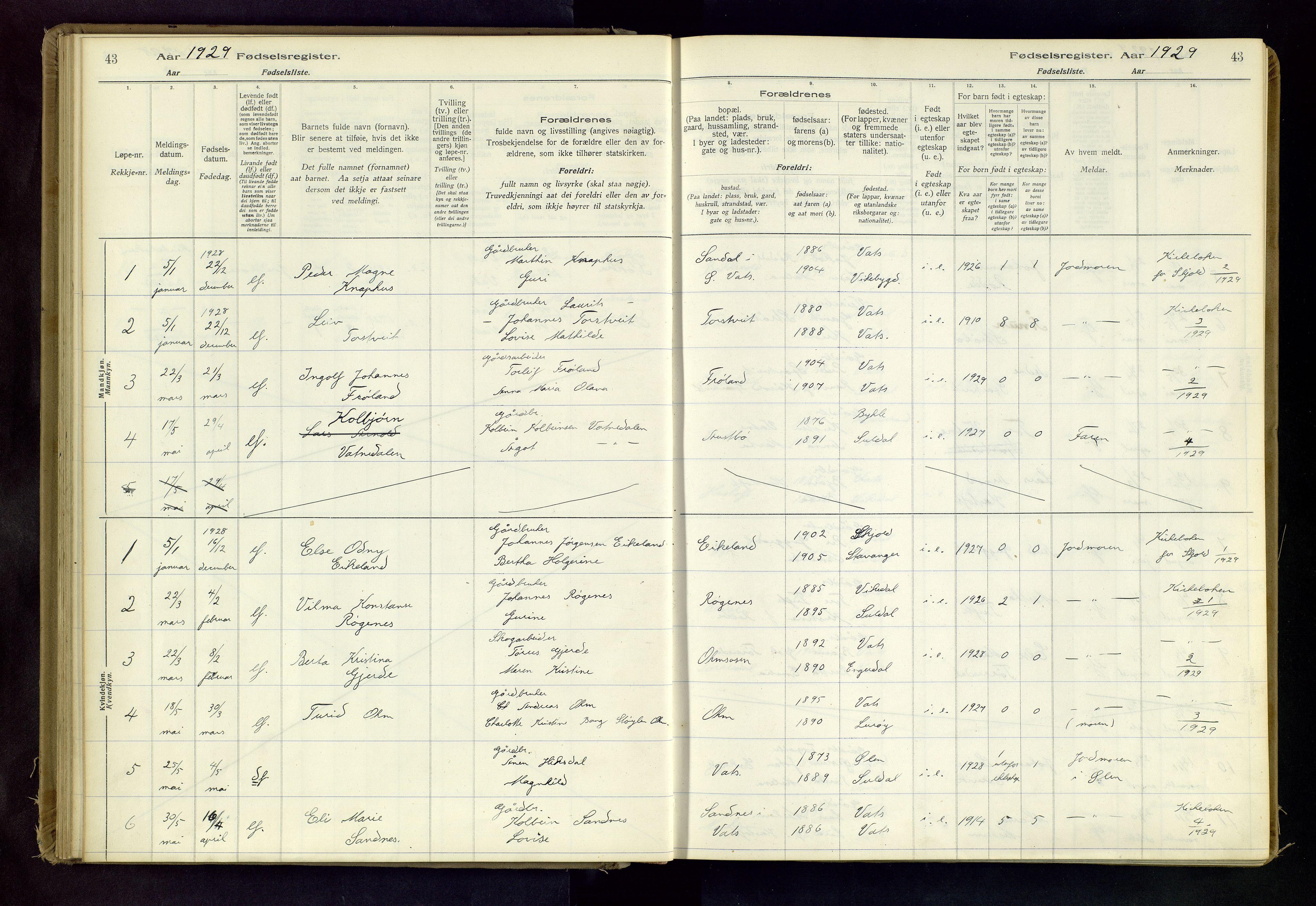 Skjold sokneprestkontor, AV/SAST-A-101847/I/Id/L0003: Fødselsregister nr. 3, 1917-1982, s. 43