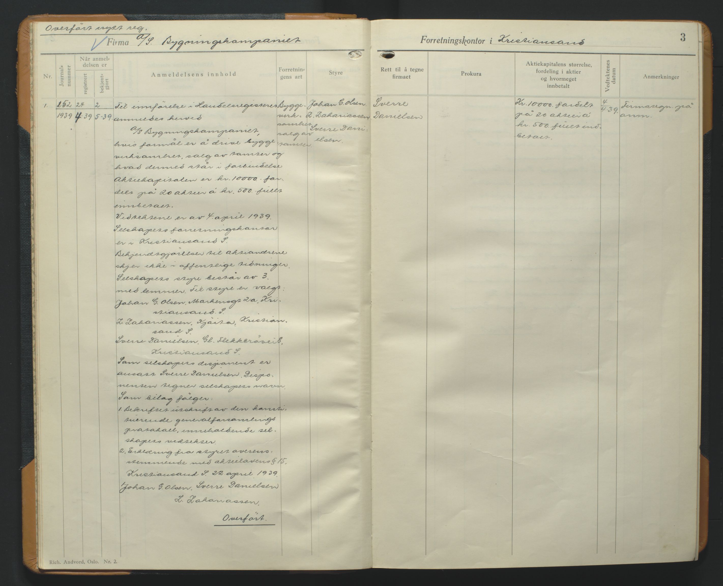 Kristiansand byrett, AV/SAK-1223-0001/K/Kb/L0013: Handelsregister B VI, 1939-1943, s. 3