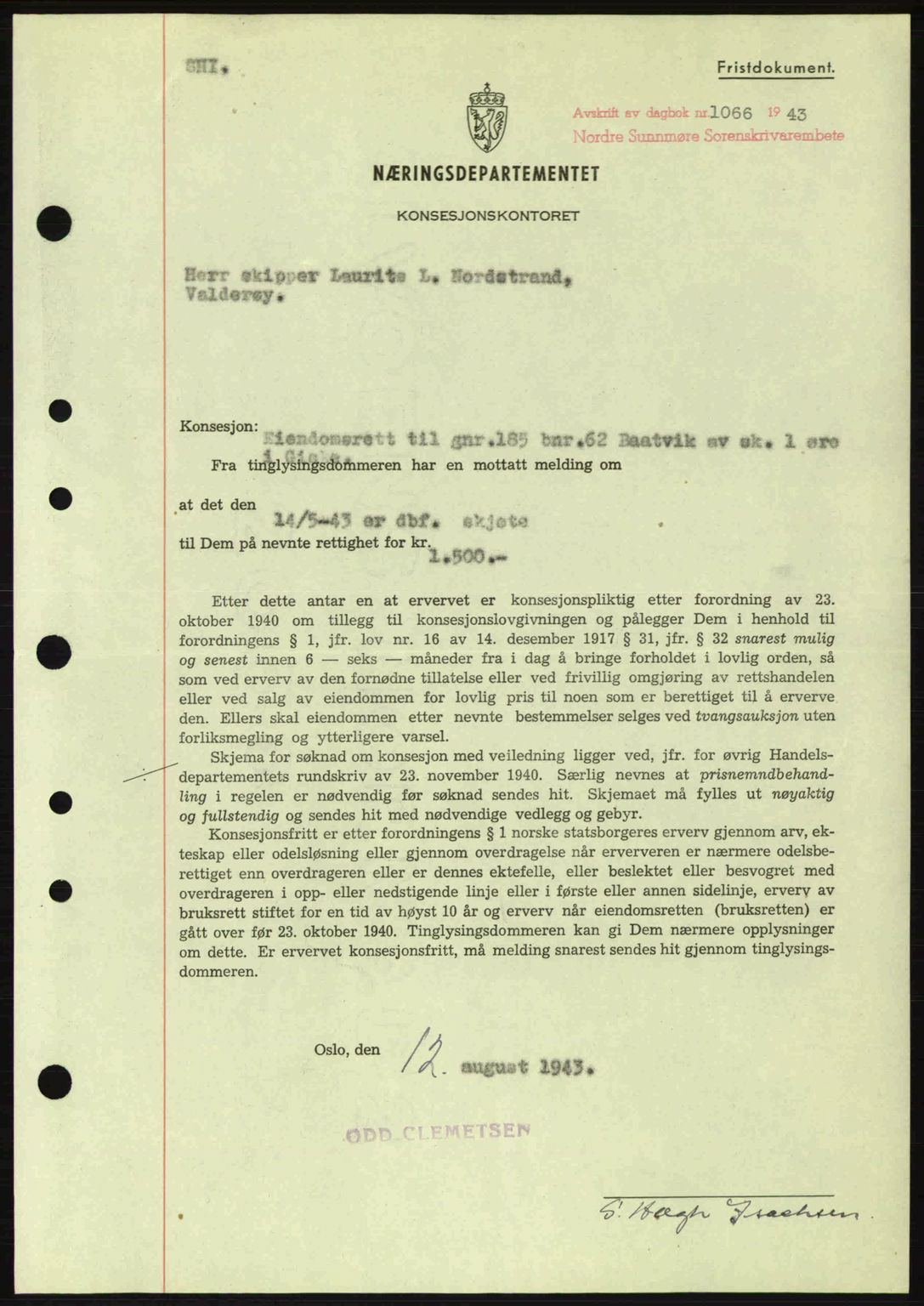 Nordre Sunnmøre sorenskriveri, AV/SAT-A-0006/1/2/2C/2Ca: Pantebok nr. B6-14 a, 1942-1945, Dagboknr: 1066/1943