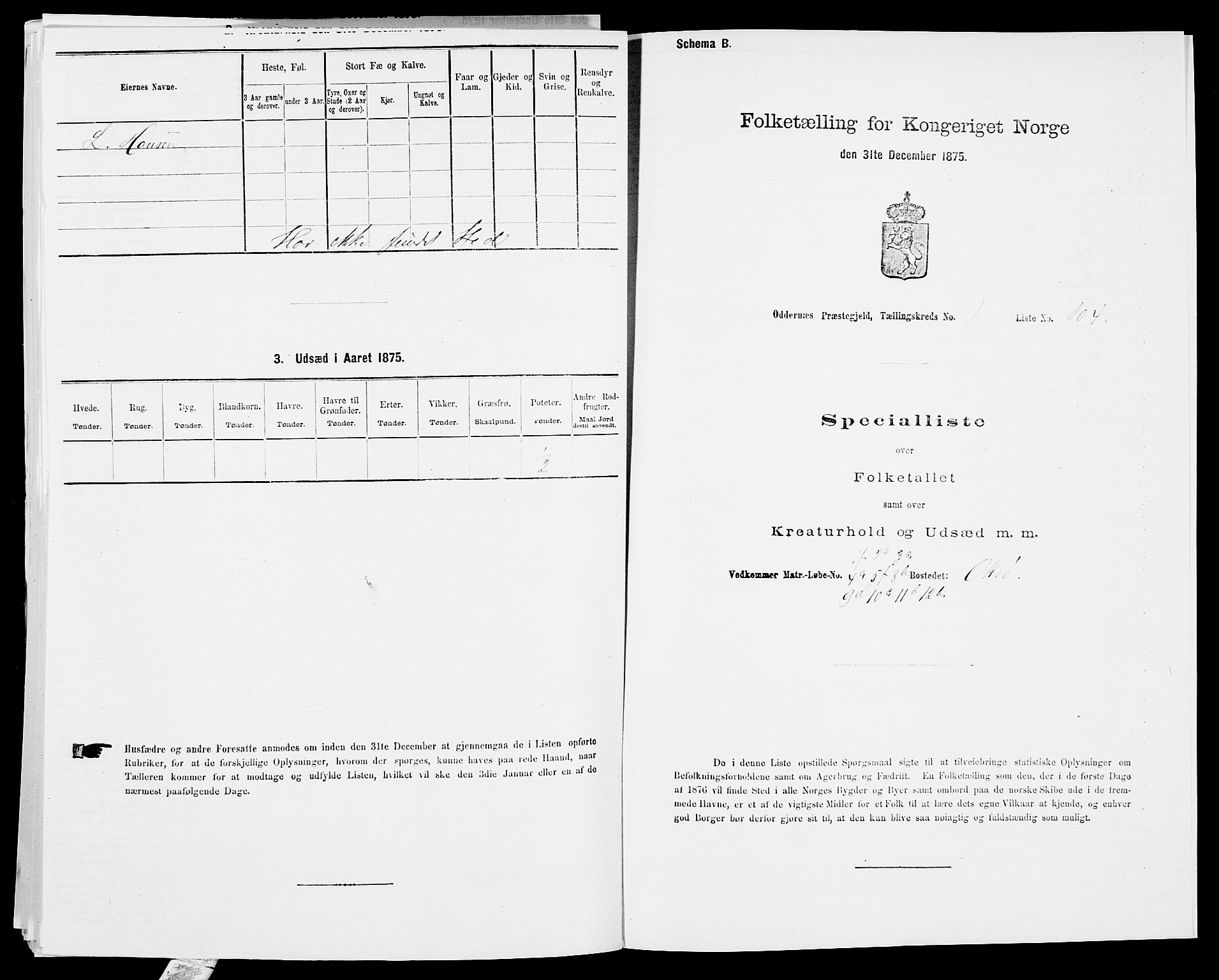 SAK, Folketelling 1875 for 1012P Oddernes prestegjeld, 1875, s. 271