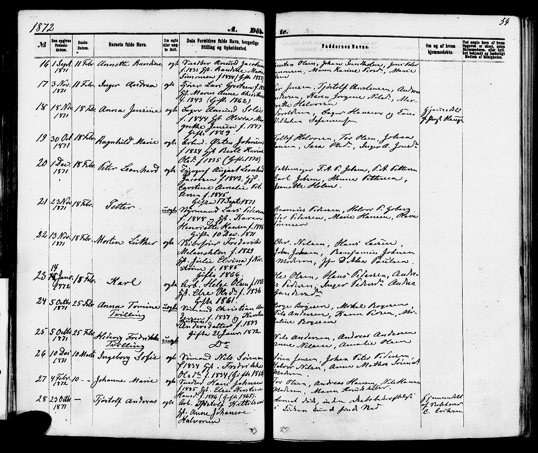 Skien kirkebøker, AV/SAKO-A-302/F/Fa/L0008: Ministerialbok nr. 8, 1866-1877, s. 54