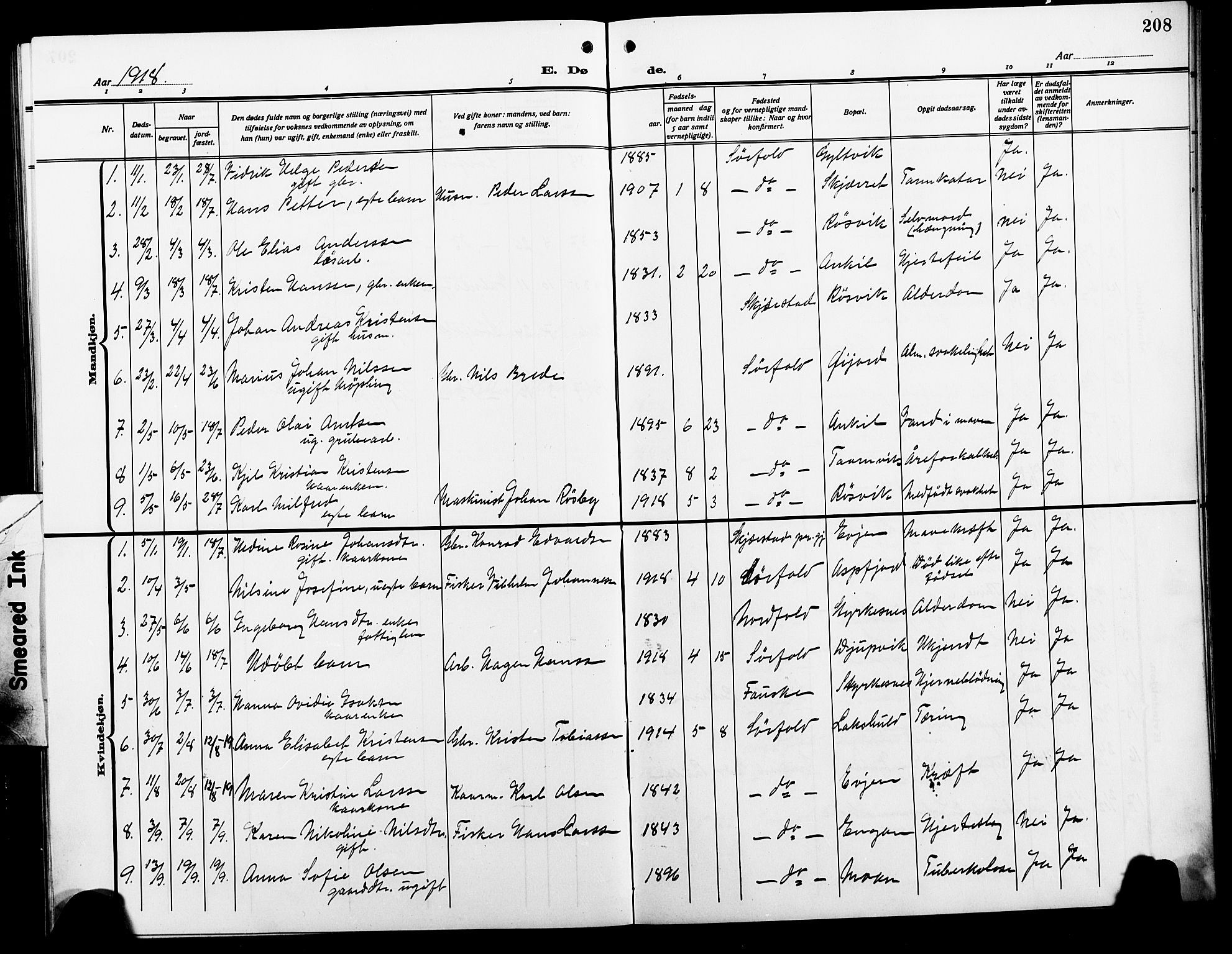 Ministerialprotokoller, klokkerbøker og fødselsregistre - Nordland, AV/SAT-A-1459/854/L0787: Klokkerbok nr. 854C03, 1913-1926, s. 208