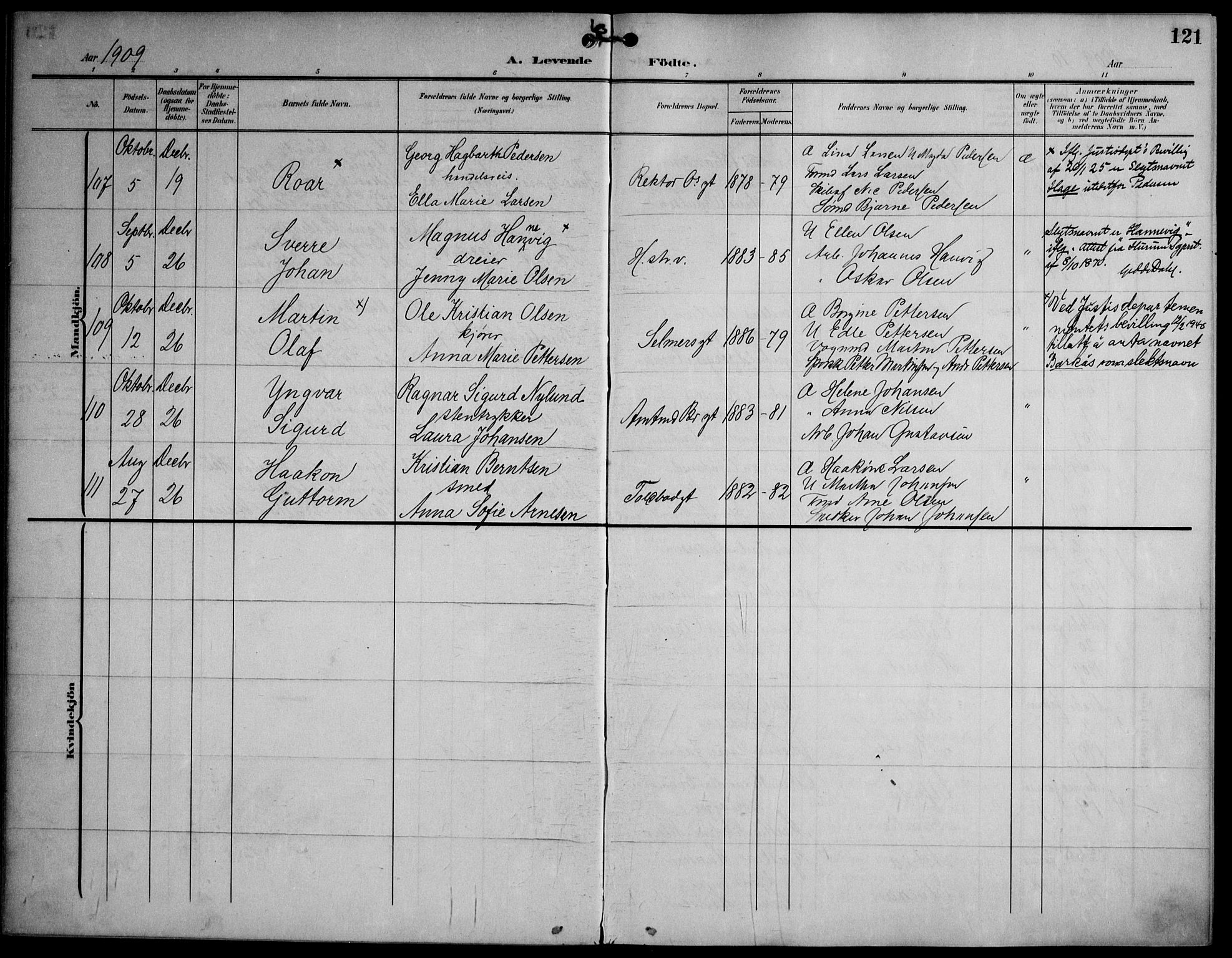 Strømsø kirkebøker, AV/SAKO-A-246/F/Fa/L0026: Ministerialbok nr. I 26, 1905-1914, s. 121