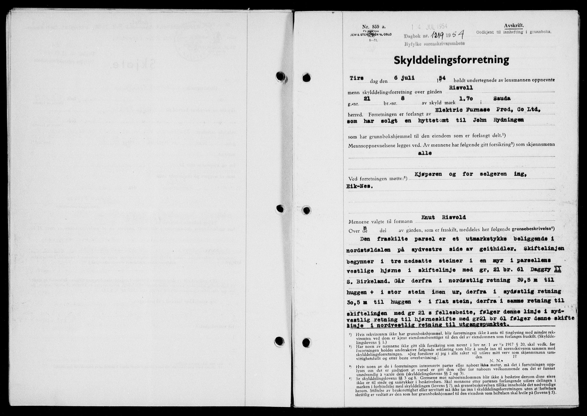 Ryfylke tingrett, SAST/A-100055/001/II/IIB/L0125: Pantebok nr. 104, 1954-1954, Dagboknr: 1219/1954