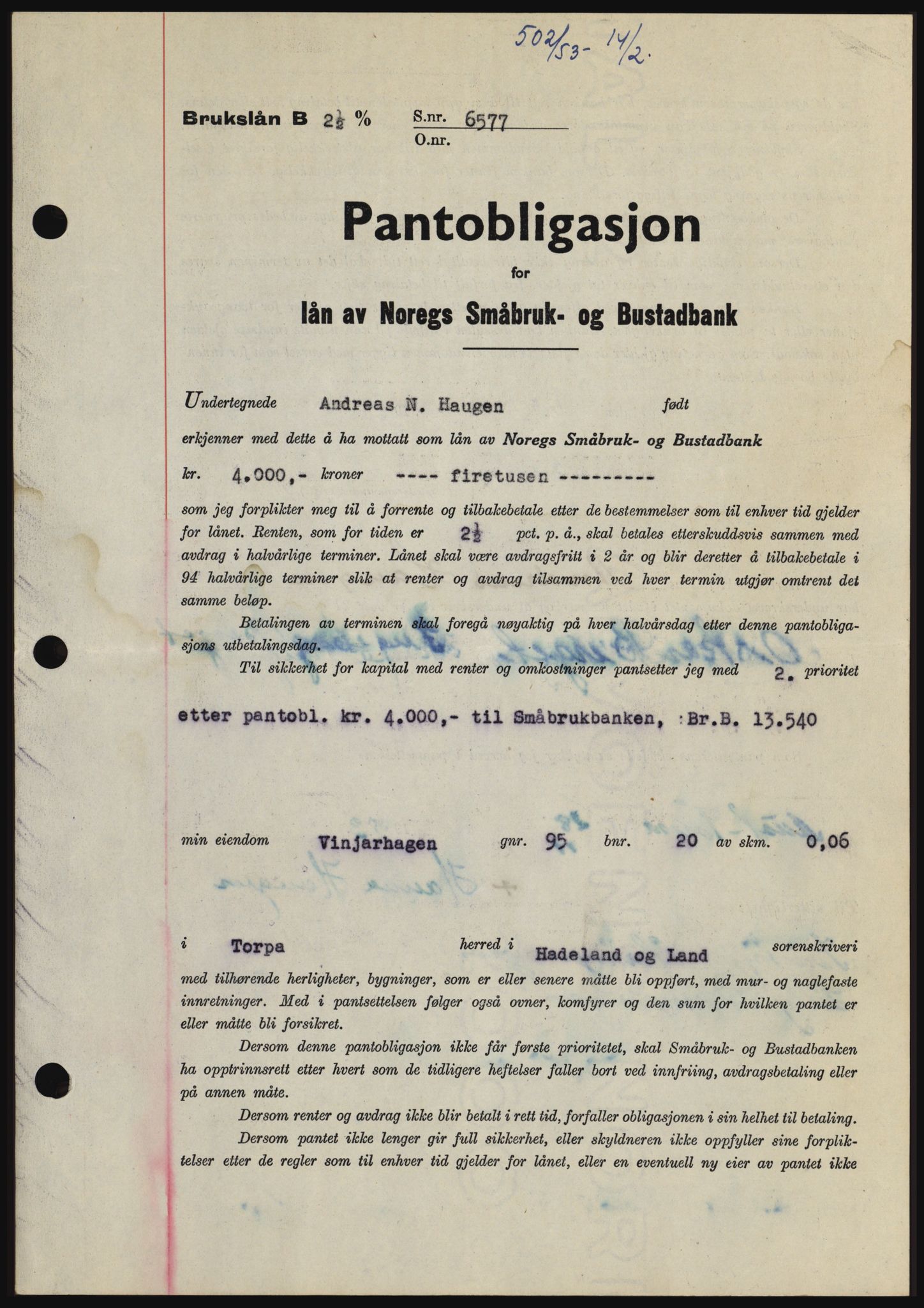 Hadeland og Land tingrett, SAH/TING-010/H/Hb/Hbc/L0026: Pantebok nr. B26, 1953-1953, Dagboknr: 502/1953