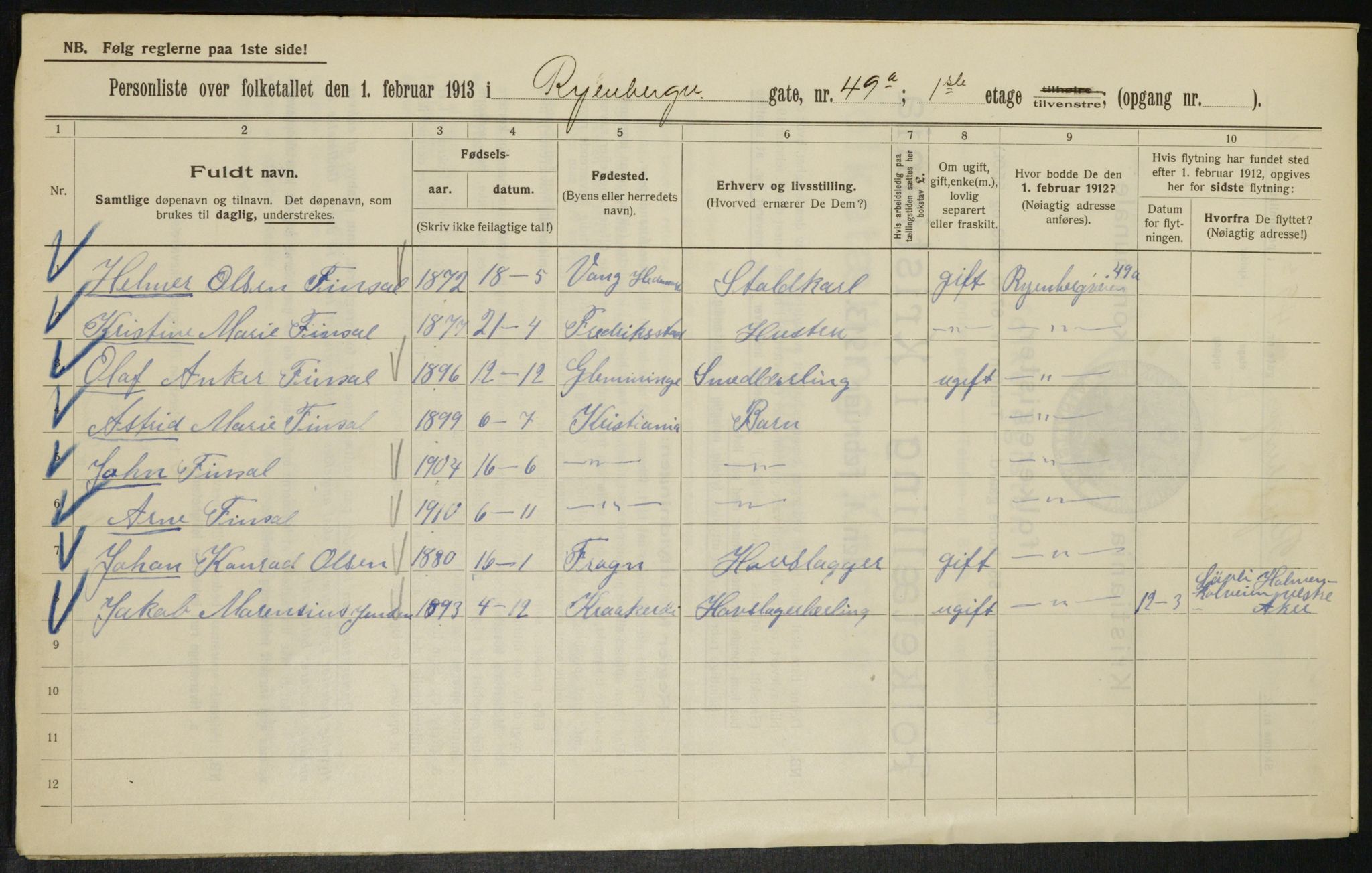 OBA, Kommunal folketelling 1.2.1913 for Kristiania, 1913, s. 85846