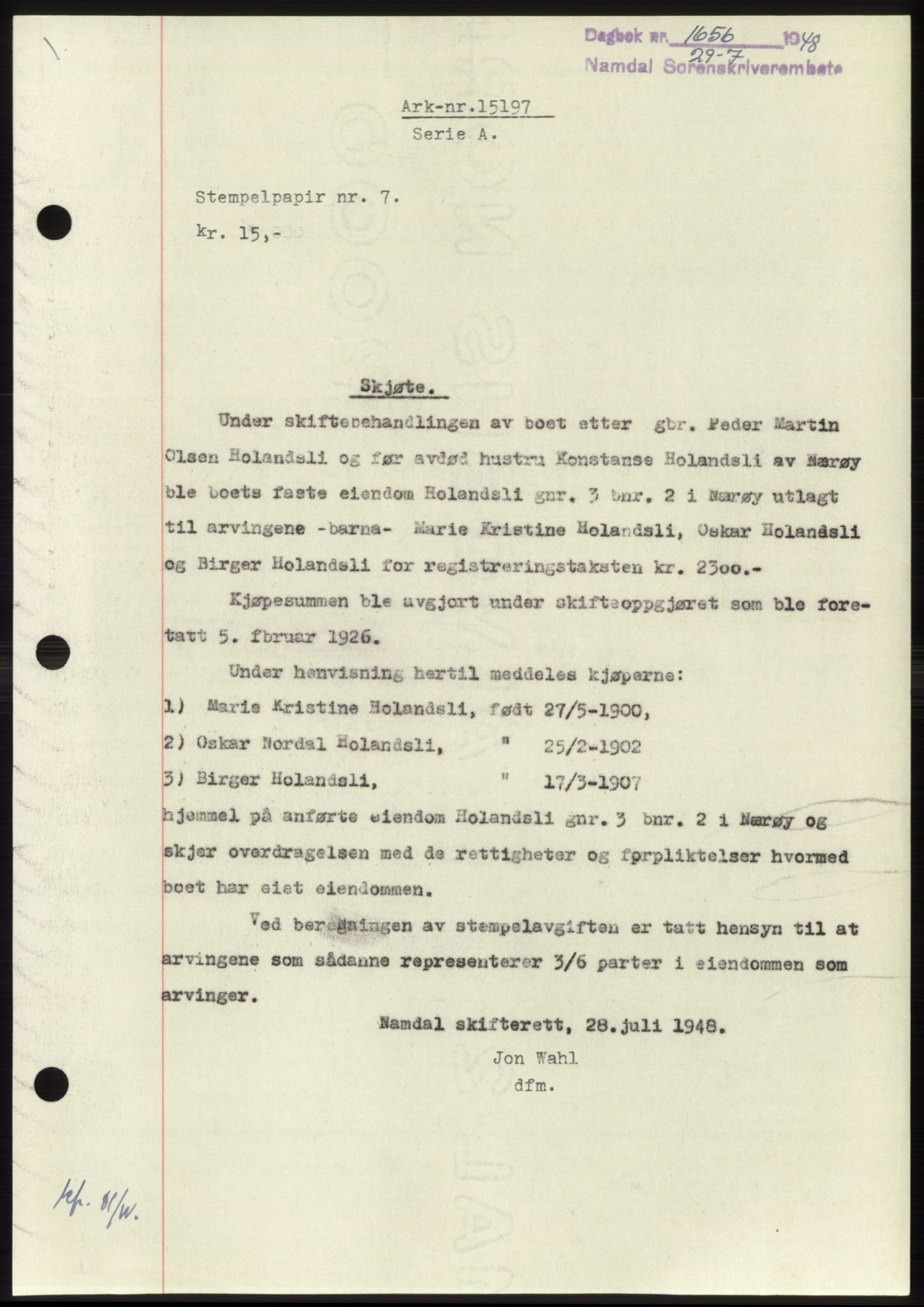 Namdal sorenskriveri, SAT/A-4133/1/2/2C: Pantebok nr. -, 1948-1948, Dagboknr: 1656/1948