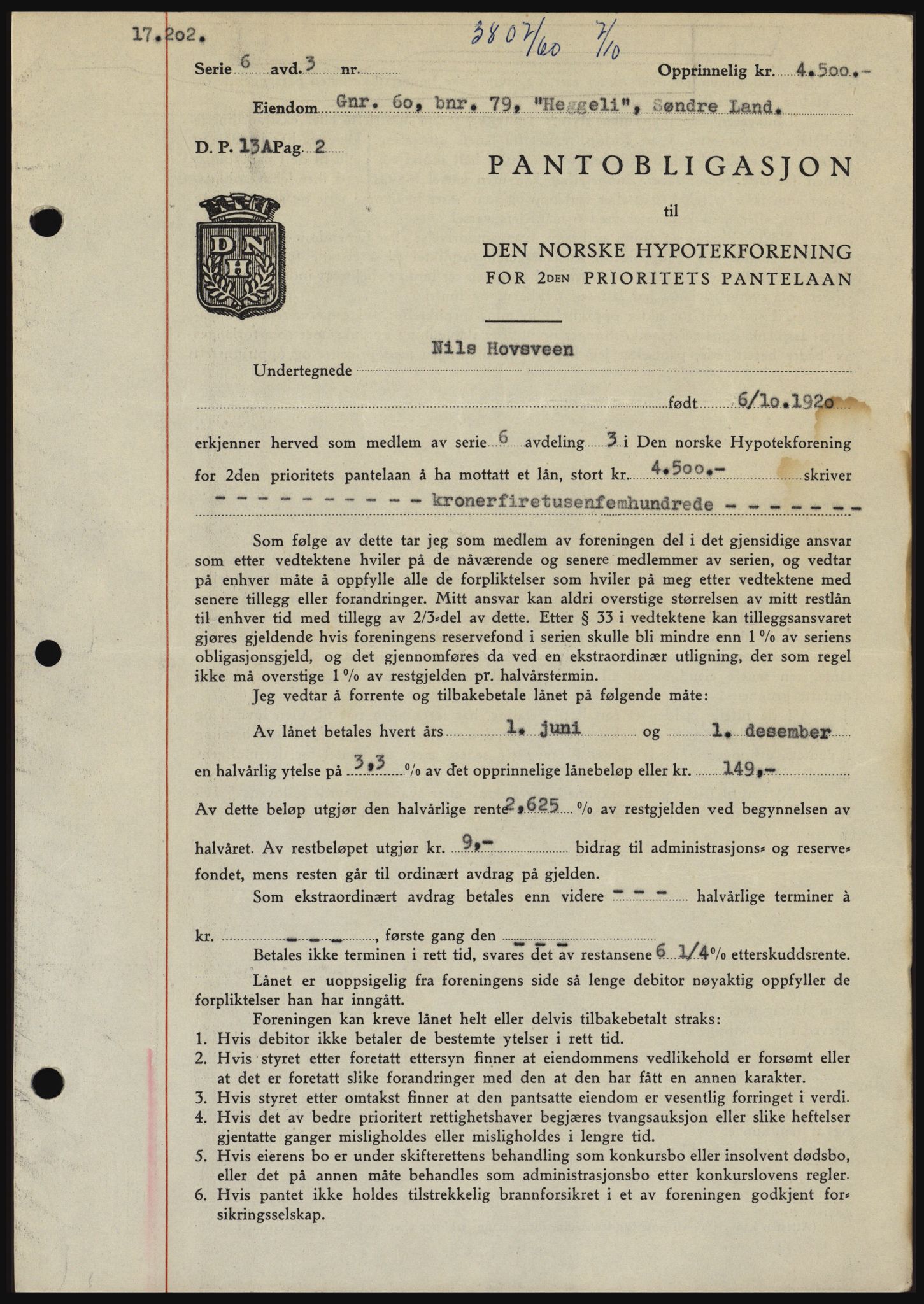 Hadeland og Land tingrett, SAH/TING-010/H/Hb/Hbc/L0044: Pantebok nr. B44, 1960-1961, Dagboknr: 3807/1960