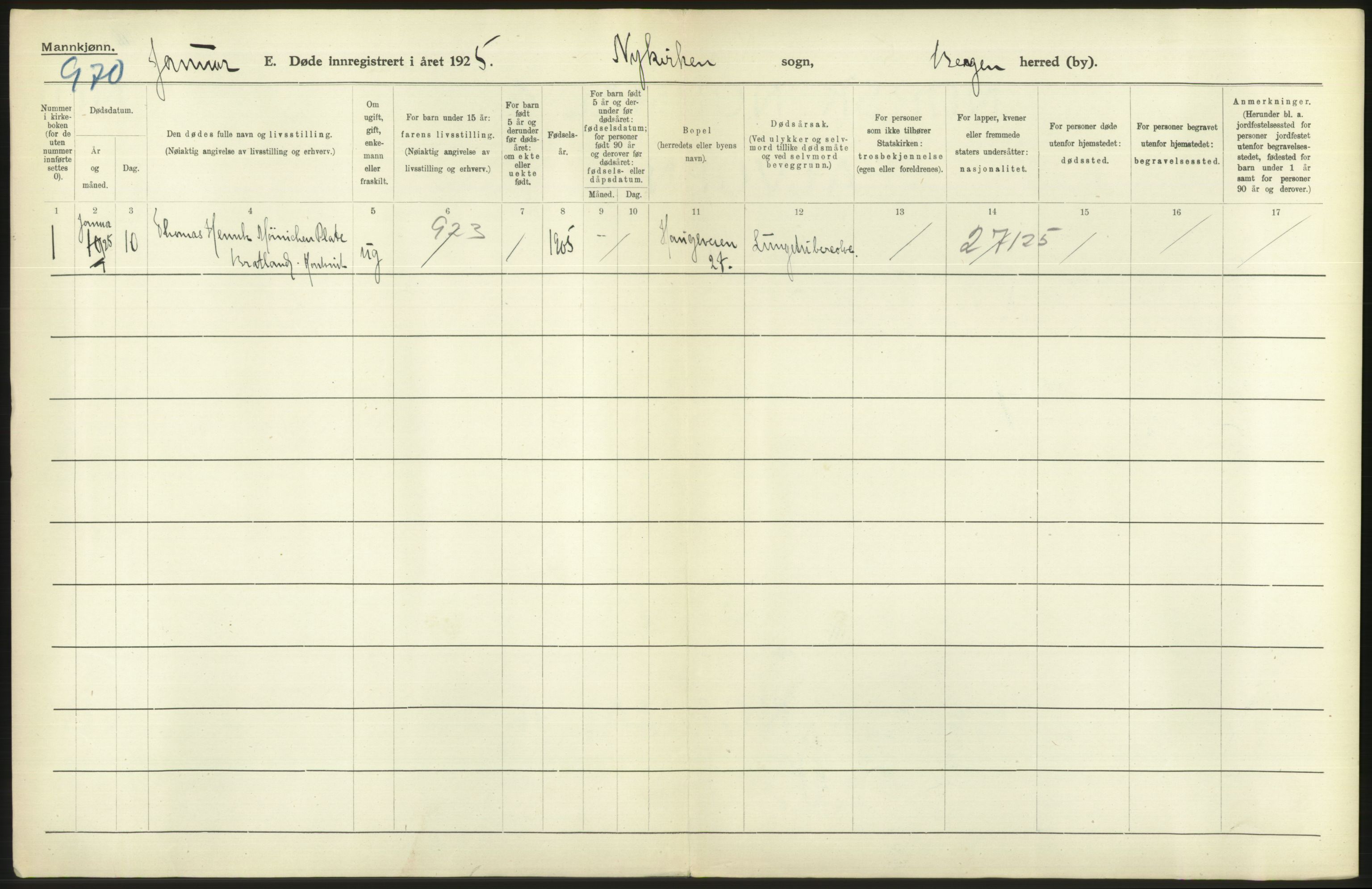 Statistisk sentralbyrå, Sosiodemografiske emner, Befolkning, RA/S-2228/D/Df/Dfc/Dfce/L0029: Bergen: Gifte, døde., 1925, s. 412