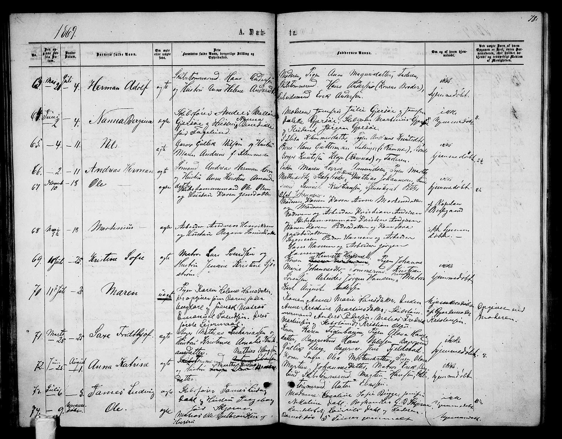 Tønsberg kirkebøker, AV/SAKO-A-330/G/Ga/L0004: Klokkerbok nr. 4, 1865-1874, s. 78