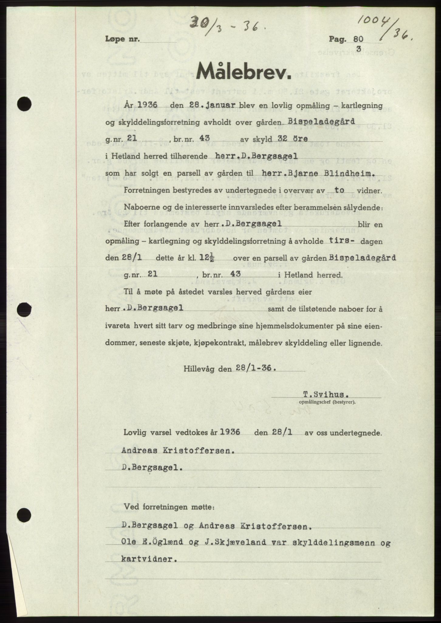 Jæren sorenskriveri, SAST/A-100310/03/G/Gba/L0065: Pantebok nr. 71, 1936-1936, Dagboknr: 1004/1936