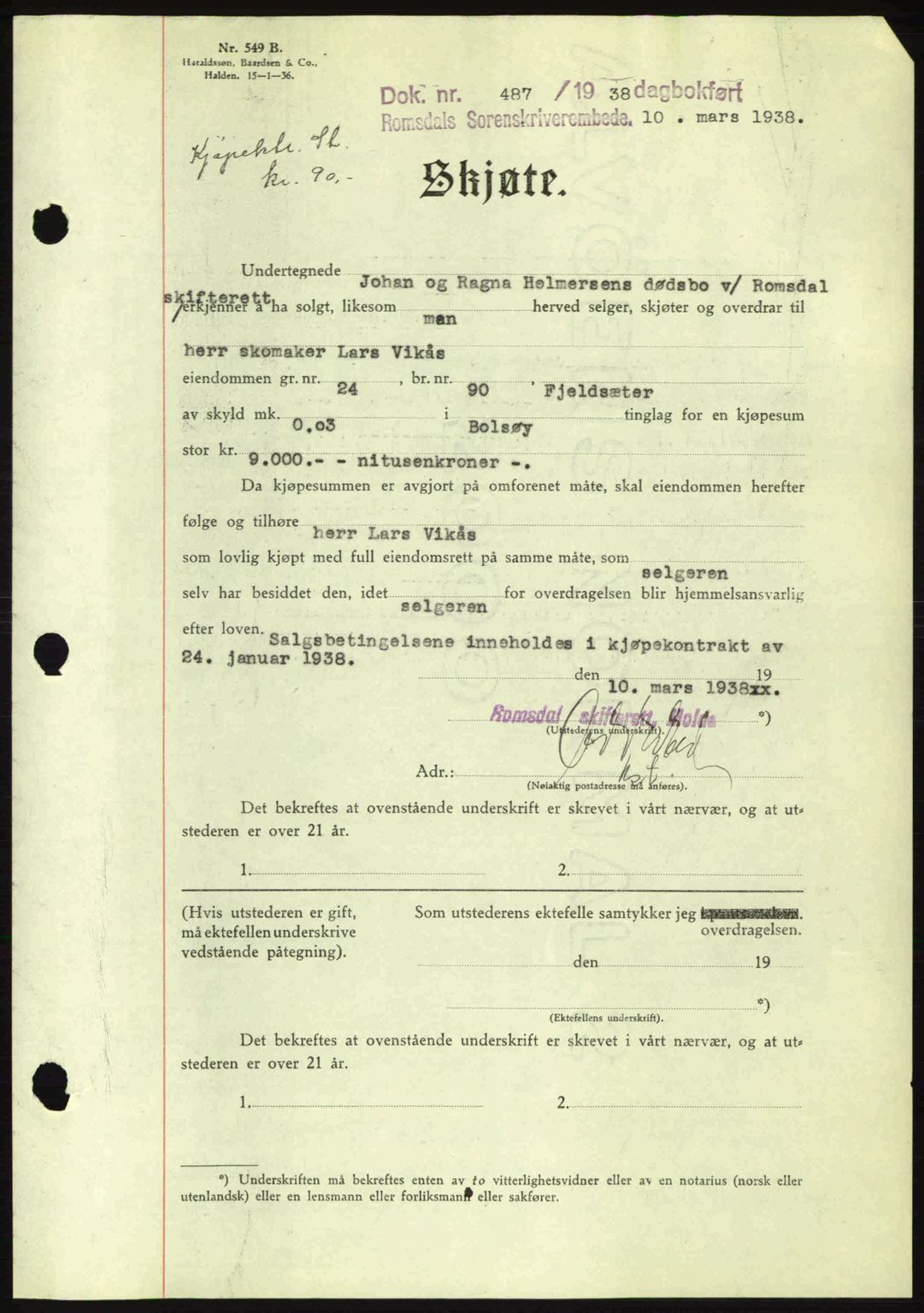 Romsdal sorenskriveri, SAT/A-4149/1/2/2C: Pantebok nr. A4, 1937-1938, Dagboknr: 487/1938