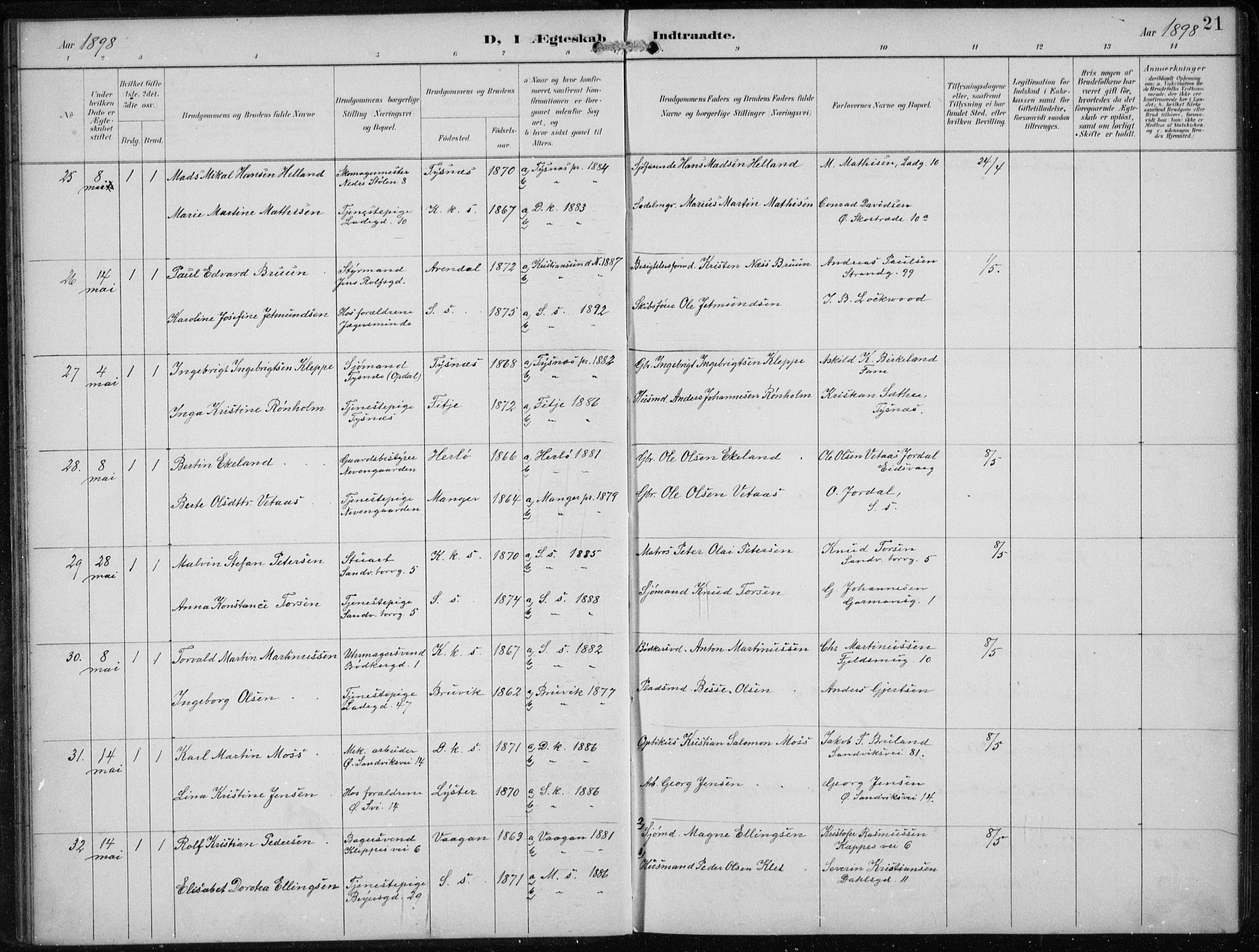 Sandviken Sokneprestembete, AV/SAB-A-77601/H/Ha/L0014: Ministerialbok nr. D 1, 1896-1911, s. 21