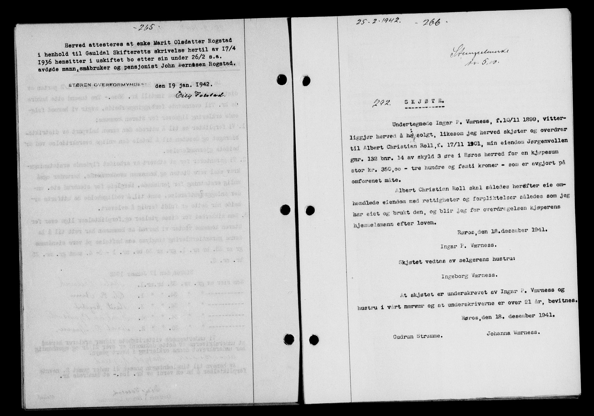 Gauldal sorenskriveri, SAT/A-0014/1/2/2C/L0054: Pantebok nr. 59, 1941-1942, Dagboknr: 292/1942