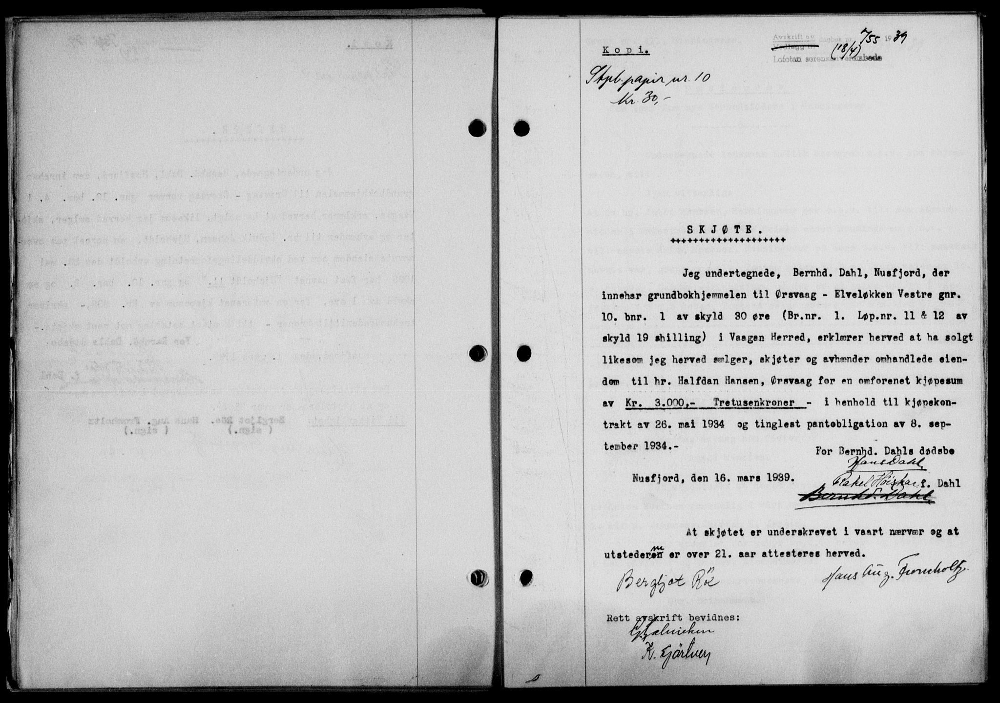 Lofoten sorenskriveri, SAT/A-0017/1/2/2C/L0005a: Pantebok nr. 5a, 1939-1939, Dagboknr: 755/1939