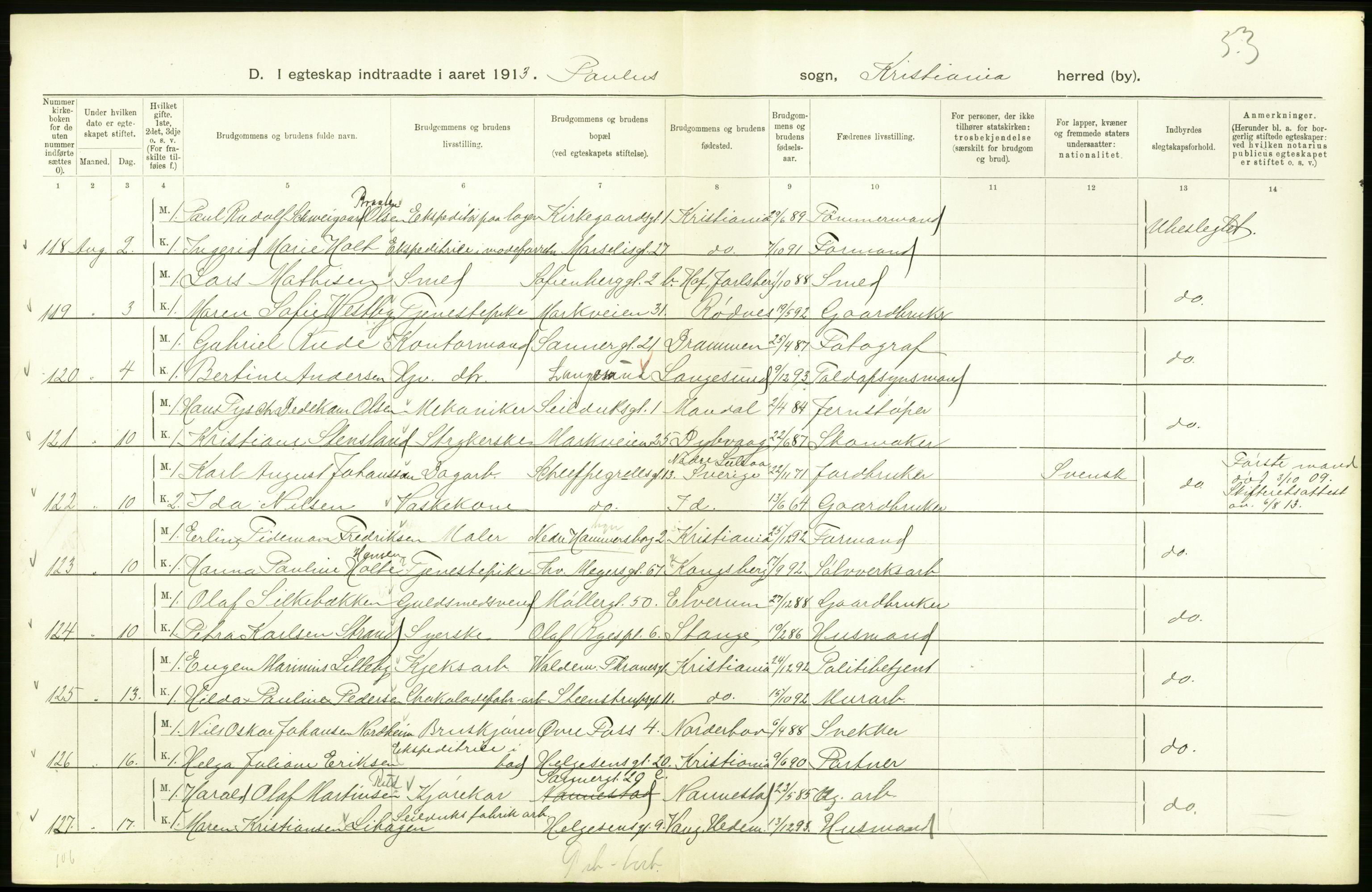 Statistisk sentralbyrå, Sosiodemografiske emner, Befolkning, AV/RA-S-2228/D/Df/Dfb/Dfbc/L0008: Kristiania: Gifte., 1913, s. 306