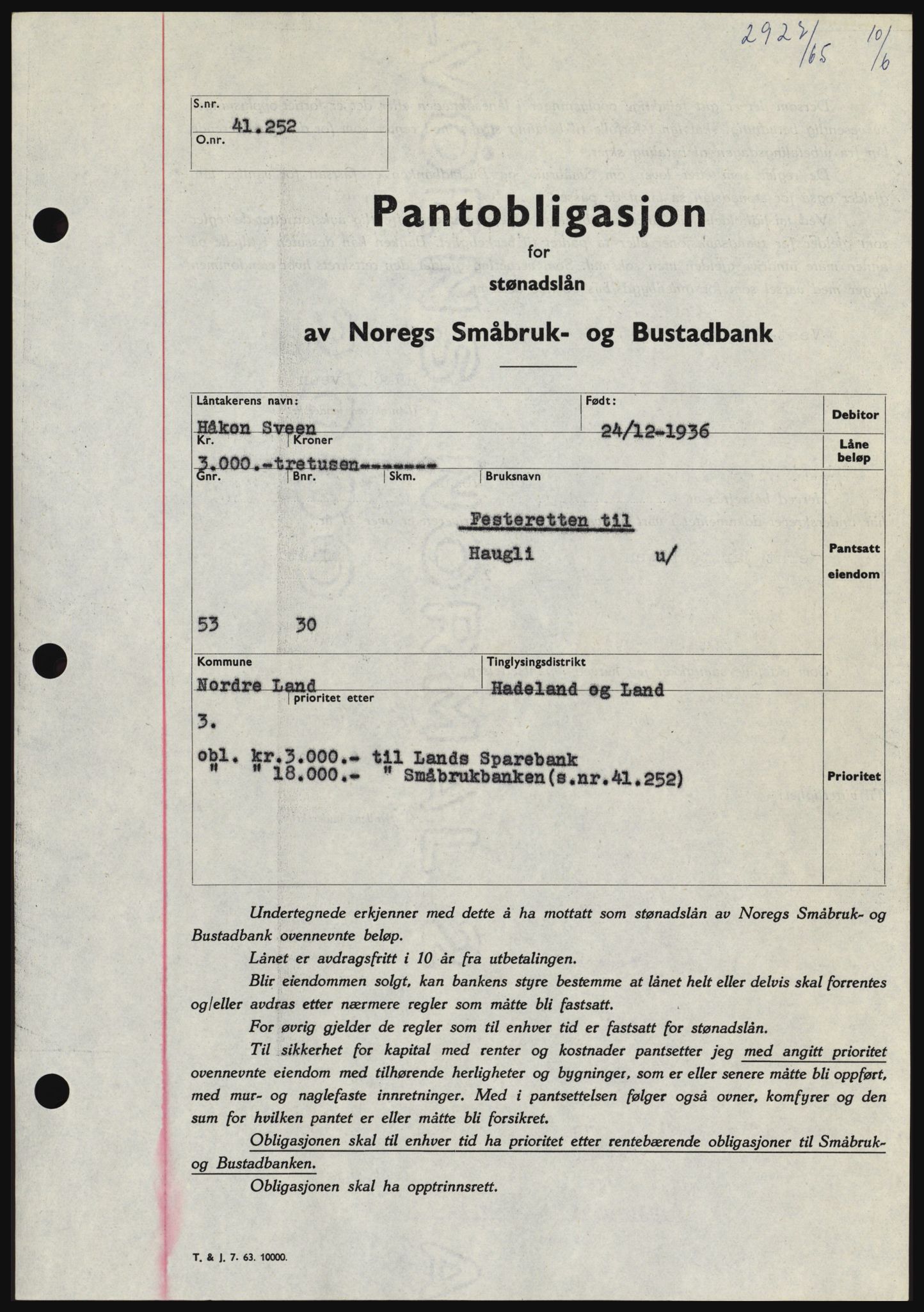 Hadeland og Land tingrett, SAH/TING-010/H/Hb/Hbc/L0059: Pantebok nr. B59, 1965-1965, Dagboknr: 2927/1965